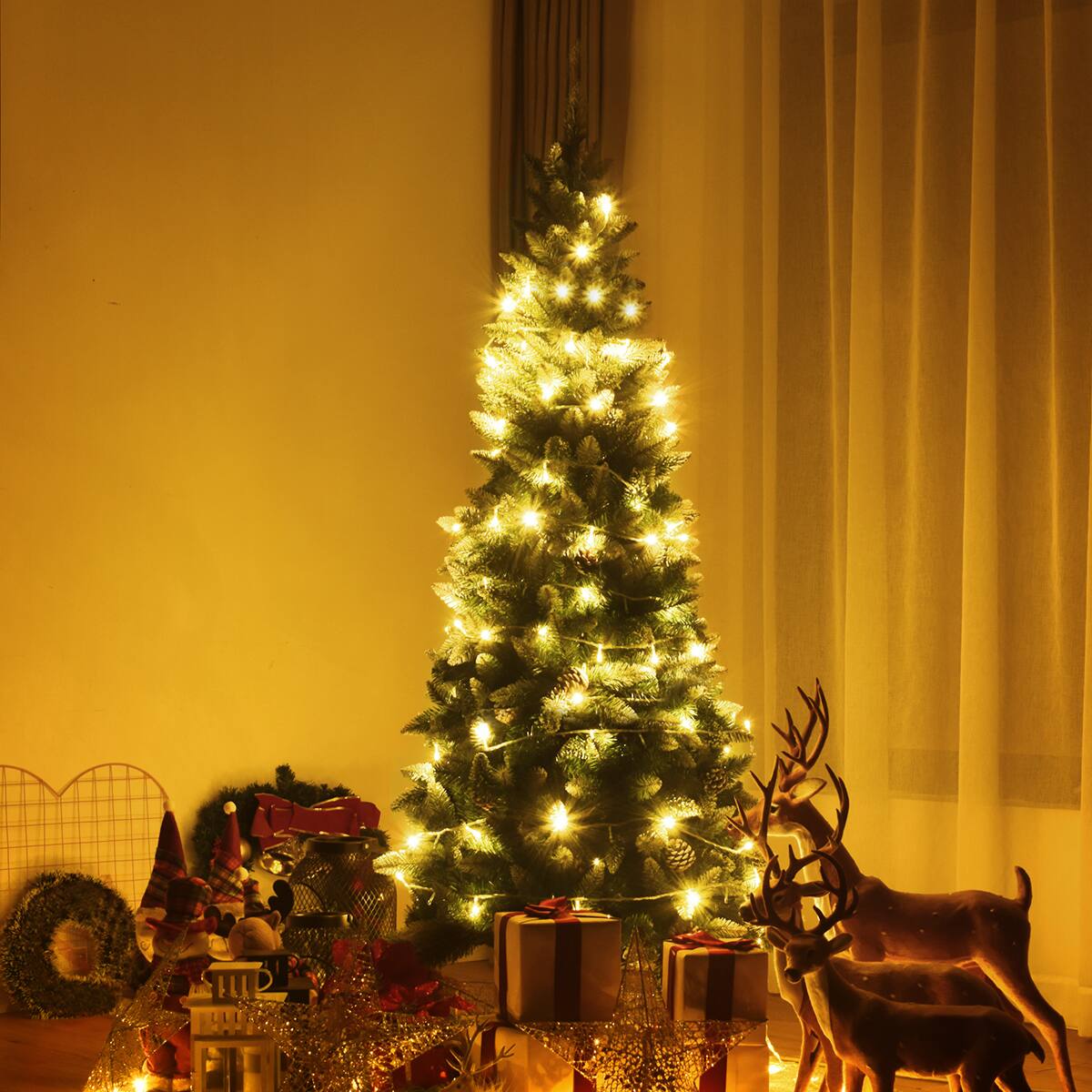 Alt View 9. Costway - Costway 5ft Snow Flocked Unlit Pencil Christmas Tree Hinged Pine Cones - Green.