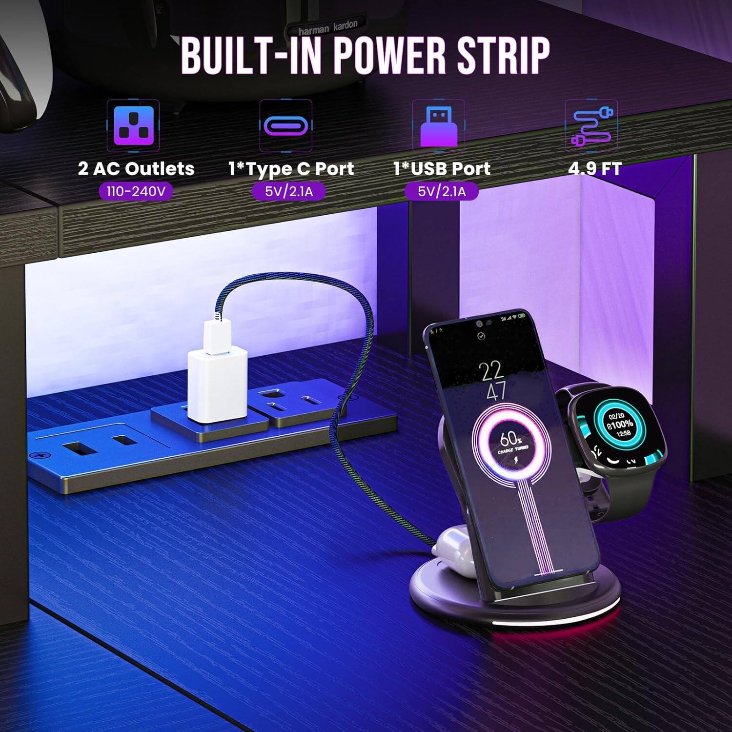 harman kardon BUILT-IN POWER STRIP  
2 AC Outlets  
1*Type C Port  
110-240V  
1*USB Port  
5V/2.1A  
4.9 FT