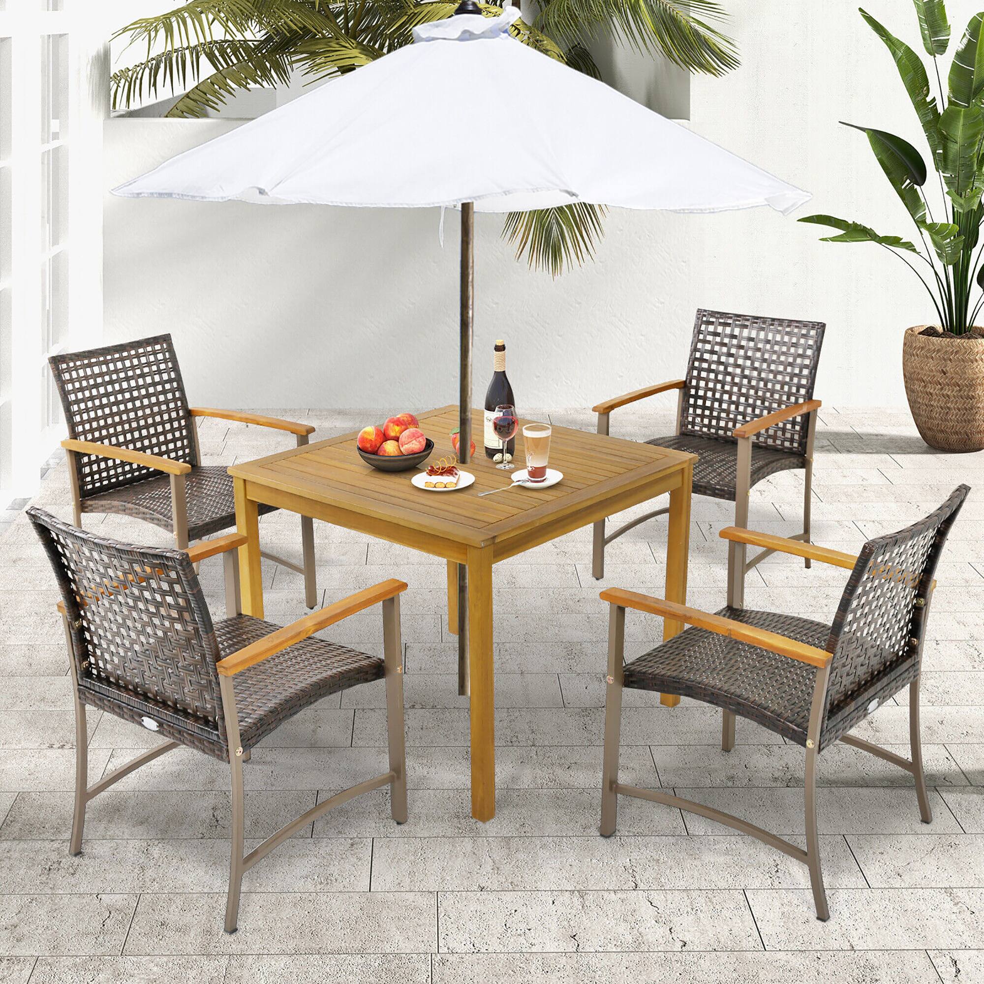 Alt View 3. Gymax - Gymax 5 PCS Patio Dining Set Acacia Wood Table w/ 1.9'' Umbrella Hole Wicker Armchairs - Natural, Mix Brown.