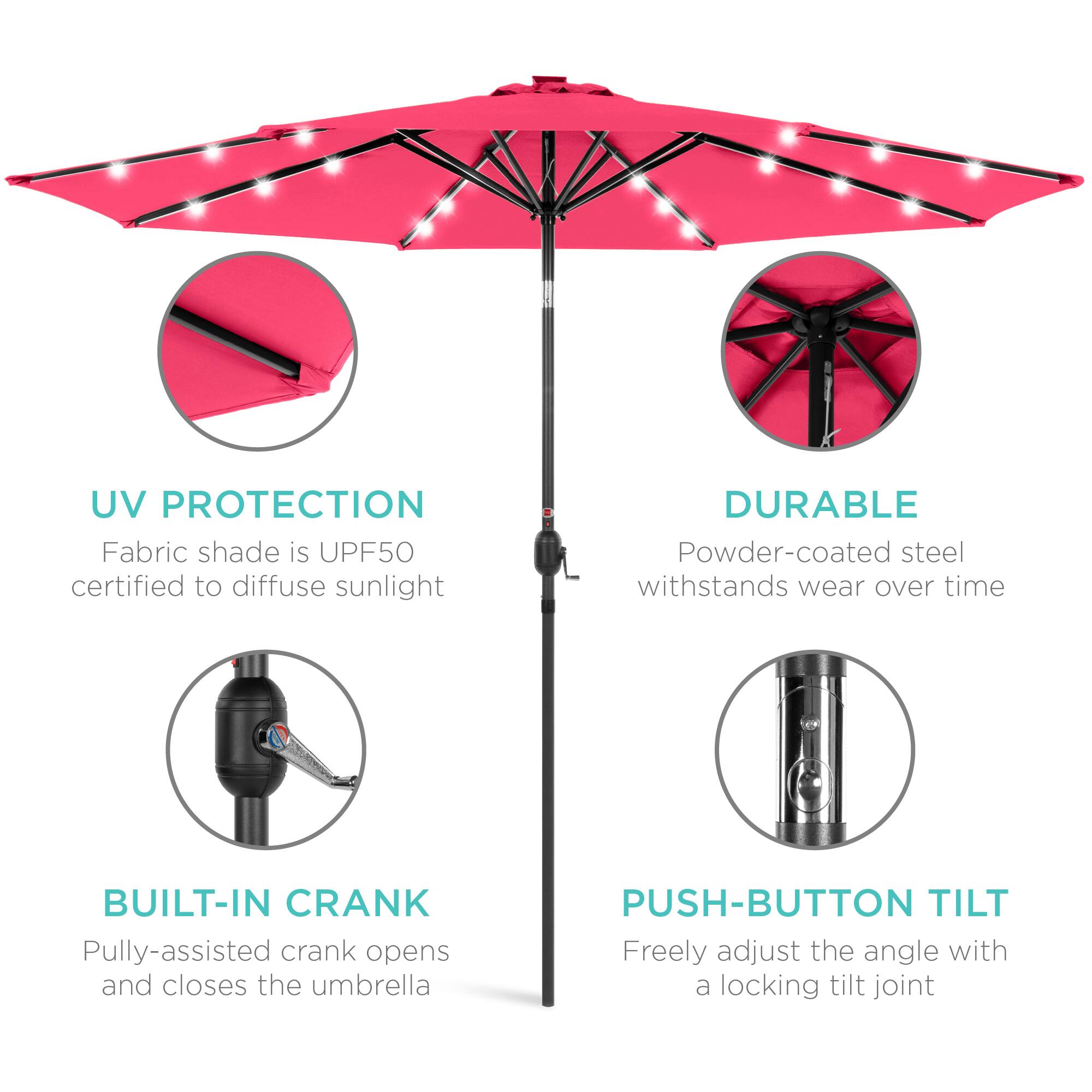 UV Protection: Fabric shade is UPF50 certified to diffuse sunlight.  
Durable: Powder-coated steel withstands wear over time.  
Built-in Crank: Pulley-assisted crank opens and closes the umbrella.  
Push-button Tilt: Freely adjust the angle with a locking tilt joint.