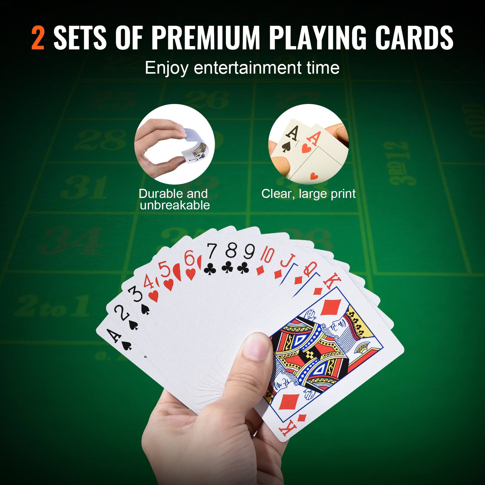 2 SETS OF PREMIUM PLAYING CARDS Enjoy entertainment time

Durable and unbreakable

Clear, large print

2 3 4 5 6 7 8 9 10 J Q K A