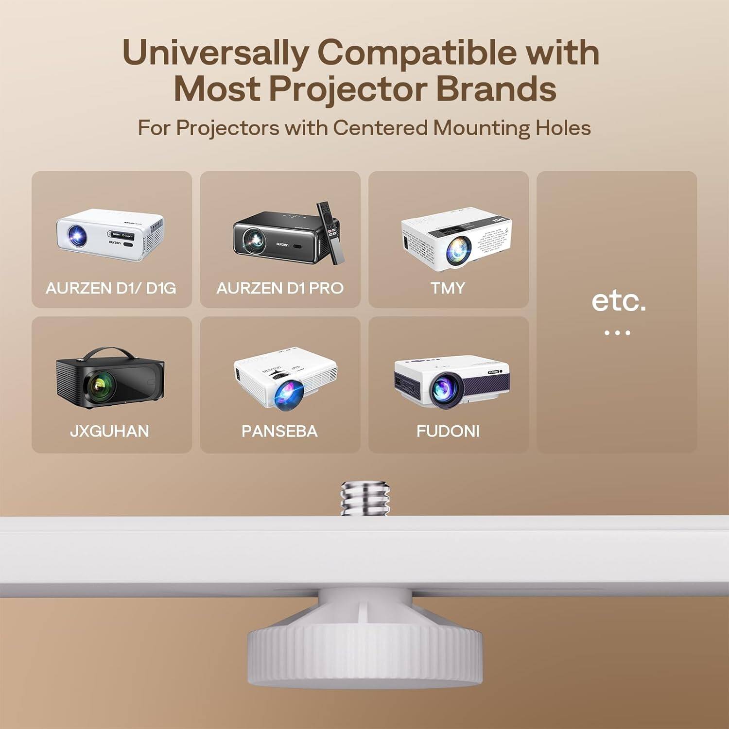 Universally Compatible with Most Projector Brands  
For Projectors with Centered Mounting Holes  

- AURZEN D1 / D1G  
- AURZEN D1 PRO  
- TMY  
- JXGUHAN  
- PANSEBA  
- FUDONI  
- etc.