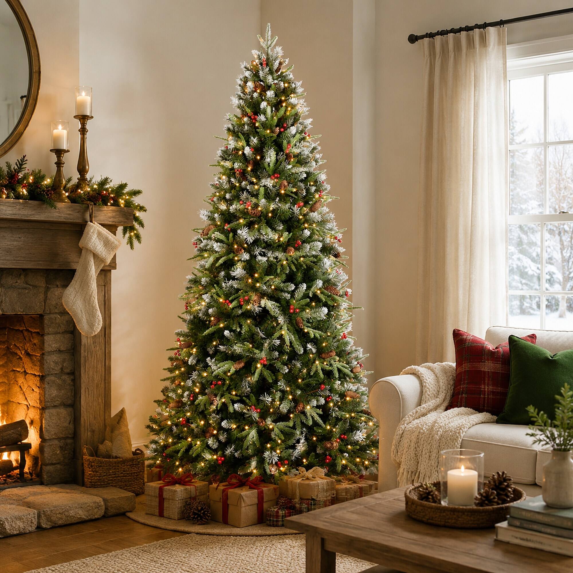 Left. RYHNUYNE - 7FT Pre-Lit Christmas Tree,450 Warm White LED Lights 2178 Snow-Tipped Branches Red Berries Pine Cones Metal Stand - Green,White.