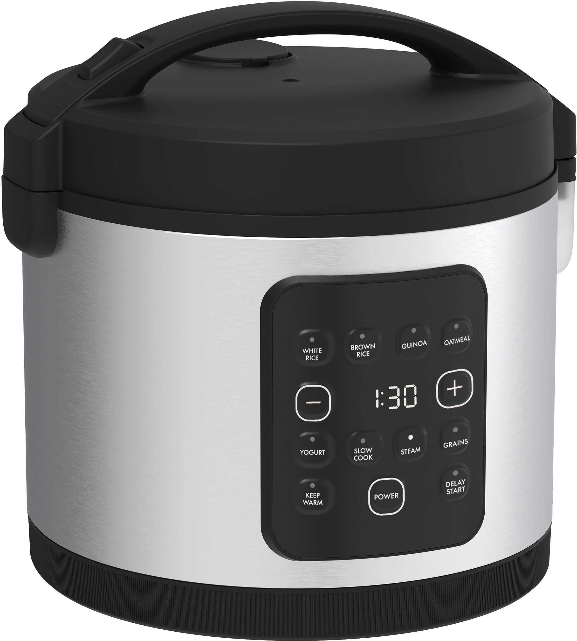 The image features a silver and black pot with a digital display on the front. The display shows the time and the type of grains being cooked, such as rice, quinoa, or oatmeal. The pot also has a timer that can be set to cook the grains for a specific amount of time, and it can keep the cooked grains warm afterward. Additionally, the pot has a power delay start feature, which allows the user to set a delay before the cooking process begins.