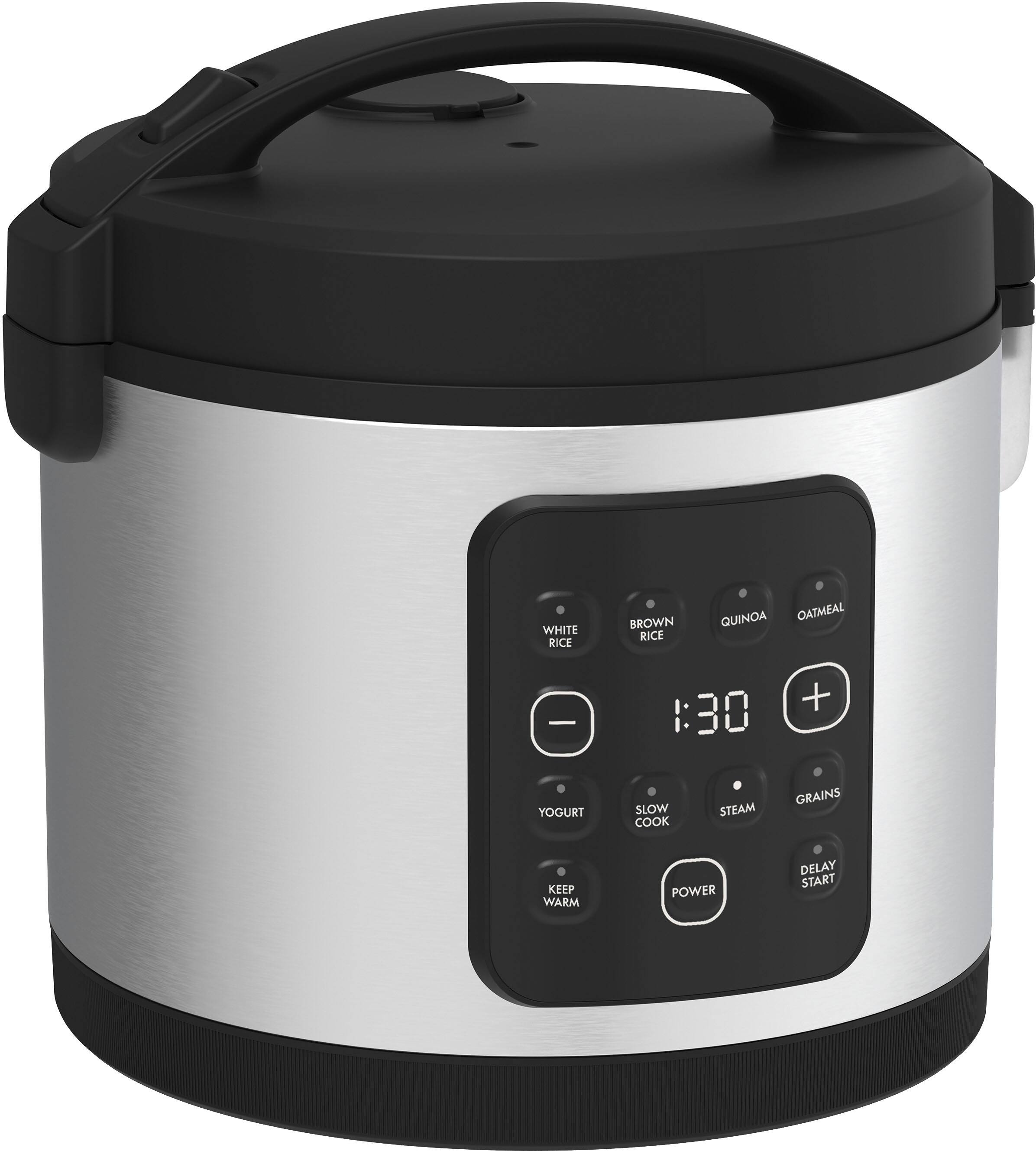 The image features a silver and black pot with a digital display on the front. The display shows the time and the type of grains being cooked, such as rice, quinoa, or oatmeal. The pot also has a timer that can be set to cook the grains for a specific amount of time, and it can keep the cooked grains warm afterward. Additionally, the pot has a power delay start feature, which allows the user to set a delay before the cooking process begins.
