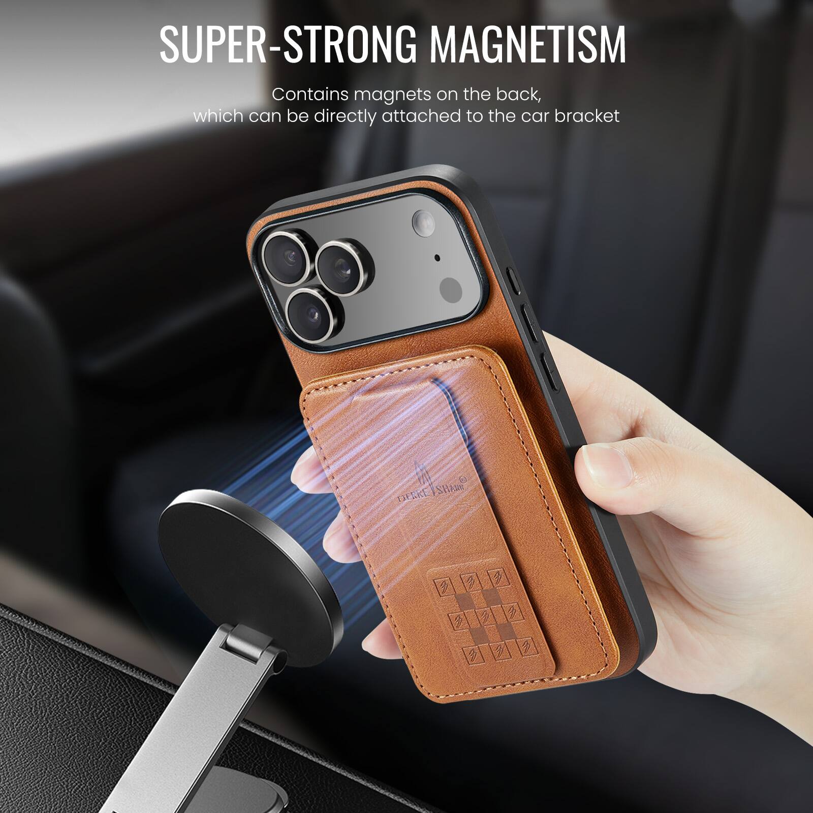 SUPER-STRONG MAGNETISM  
Contains magnets on the back, which can be directly attached to the car bracket