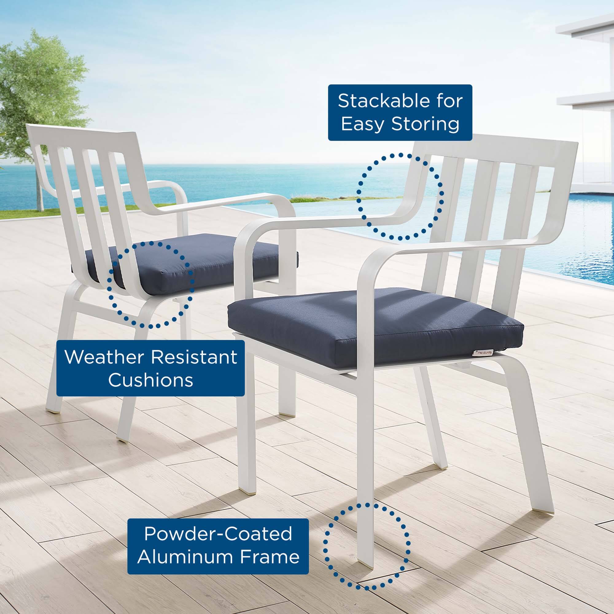 - Stackable for Easy Storing
- Weather Resistant Cushions
- Powder-Coated Aluminum Frame