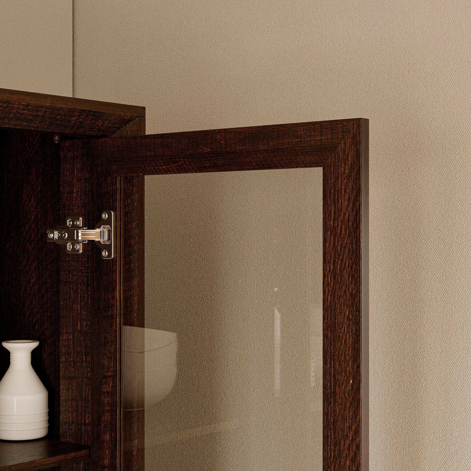 Left. FUFU&GAGA - Multi-Purpose Large Glass Door Cabinet with Shelves and Drawers for Living Room or Kitchen Storage - Brown.