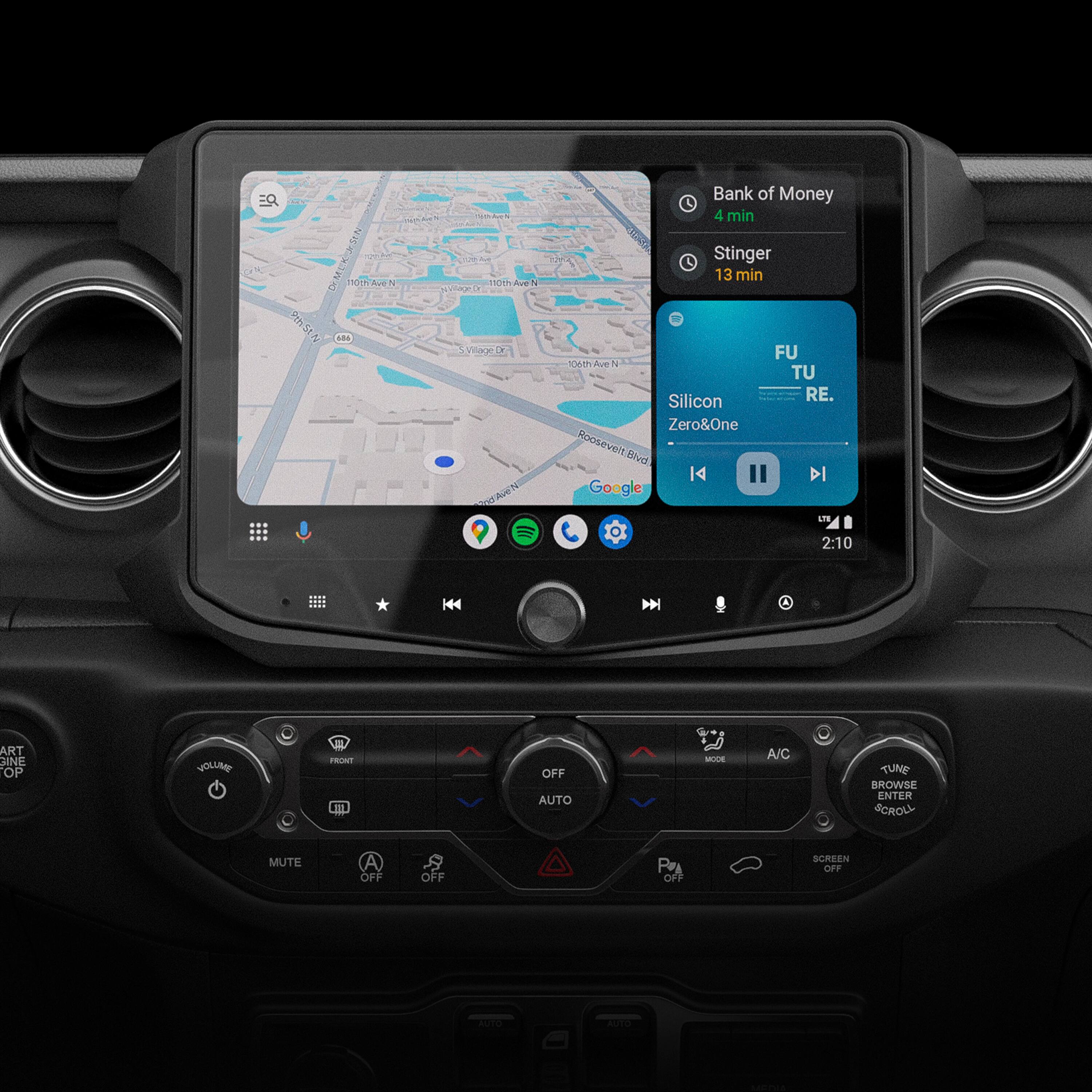 The text on the image reads: "4 Bank of Money 4 min N15410 SEN ds AveN 110 E Vitace ol Aue Stinger 13 min FU 106th Ave N TU Silicon RE. Zero&One RooseveltsBtd Ruoke T Hvd FO 14 DI Google 2:10 H44 H ART GINE OP VOLUAE TRIWT II OFF AUTO BCOE A/C TUND BROWSE ENTER SOROLL MUTE OFF OFF Pa OFF SCREEN OFF."