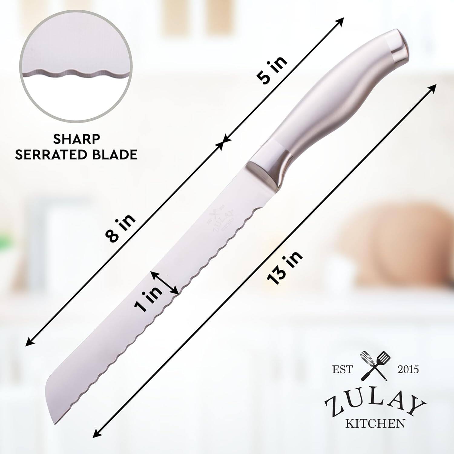 - SHARP SERRATED BLADE
- 13 in
- 8 in
- 1 in
- 5 in
- EST 2015
- ZULAY KITCHEN