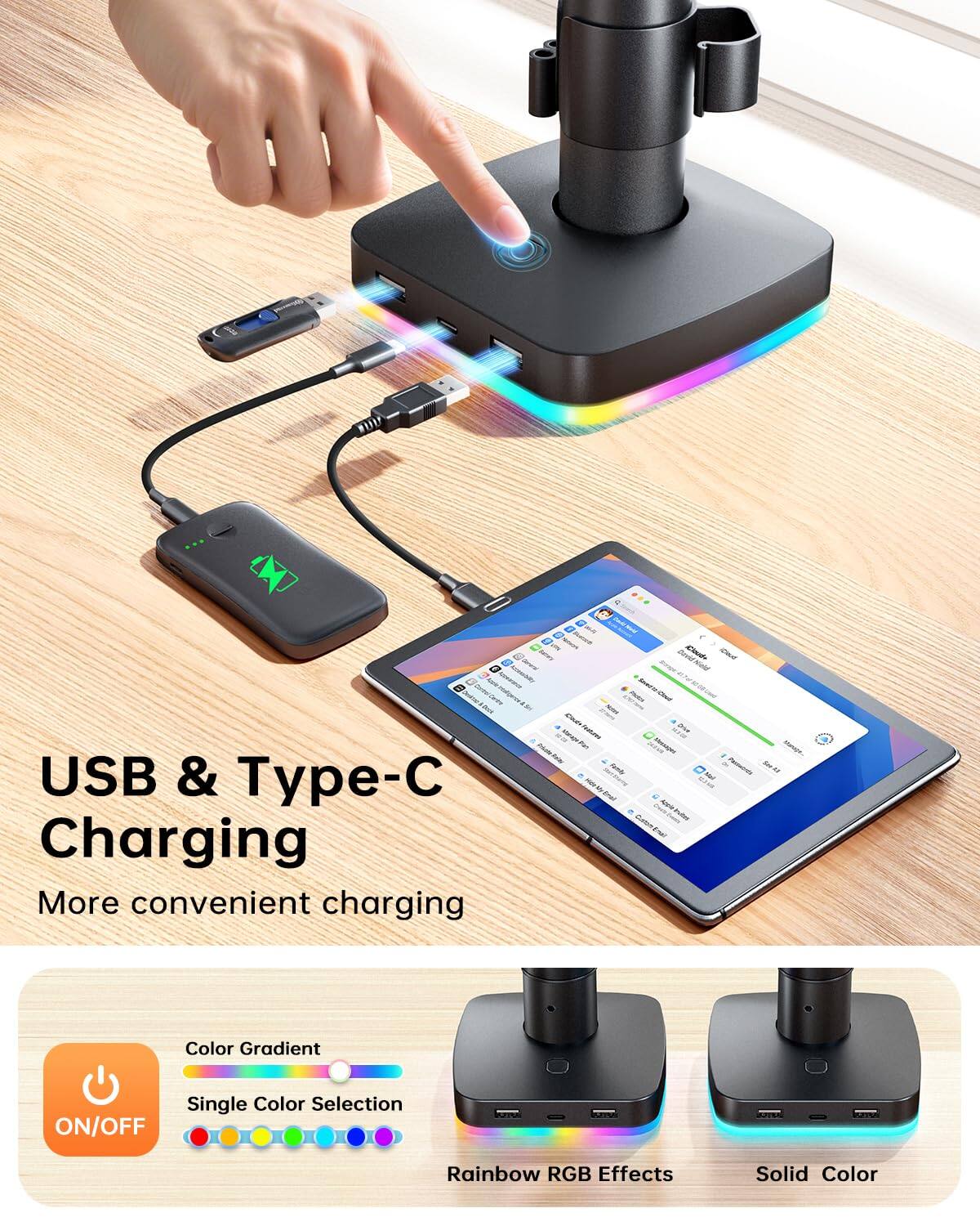 USB & Type-C Charging  
More convenient charging  

Color Gradient  
Single Color Selection  
ON/OFF  
Rainbow RGB Effects  
Solid Color