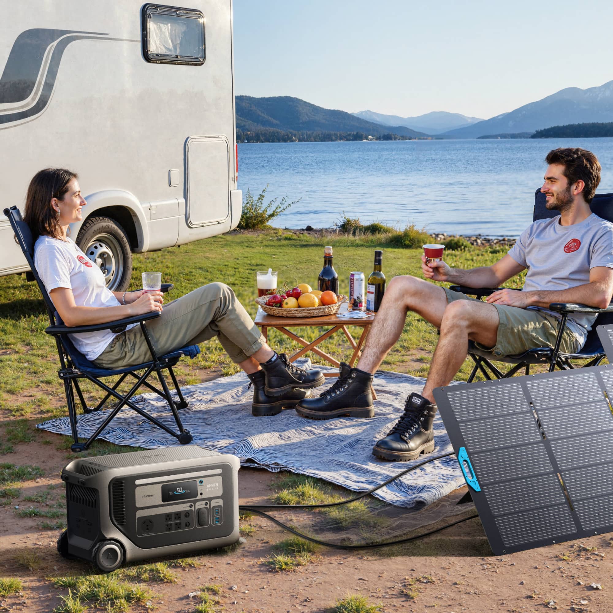 A man and a woman are sitting on chairs outside, enjoying a meal and drinks. They are surrounded by various items such as a solar panel, a cooler, and a bottle. The woman is holding a glass, and the man is holding a cup. There is also a bowl and an apple on the table. The scene appears to be set in a campsite, with a truck and a boat nearby.