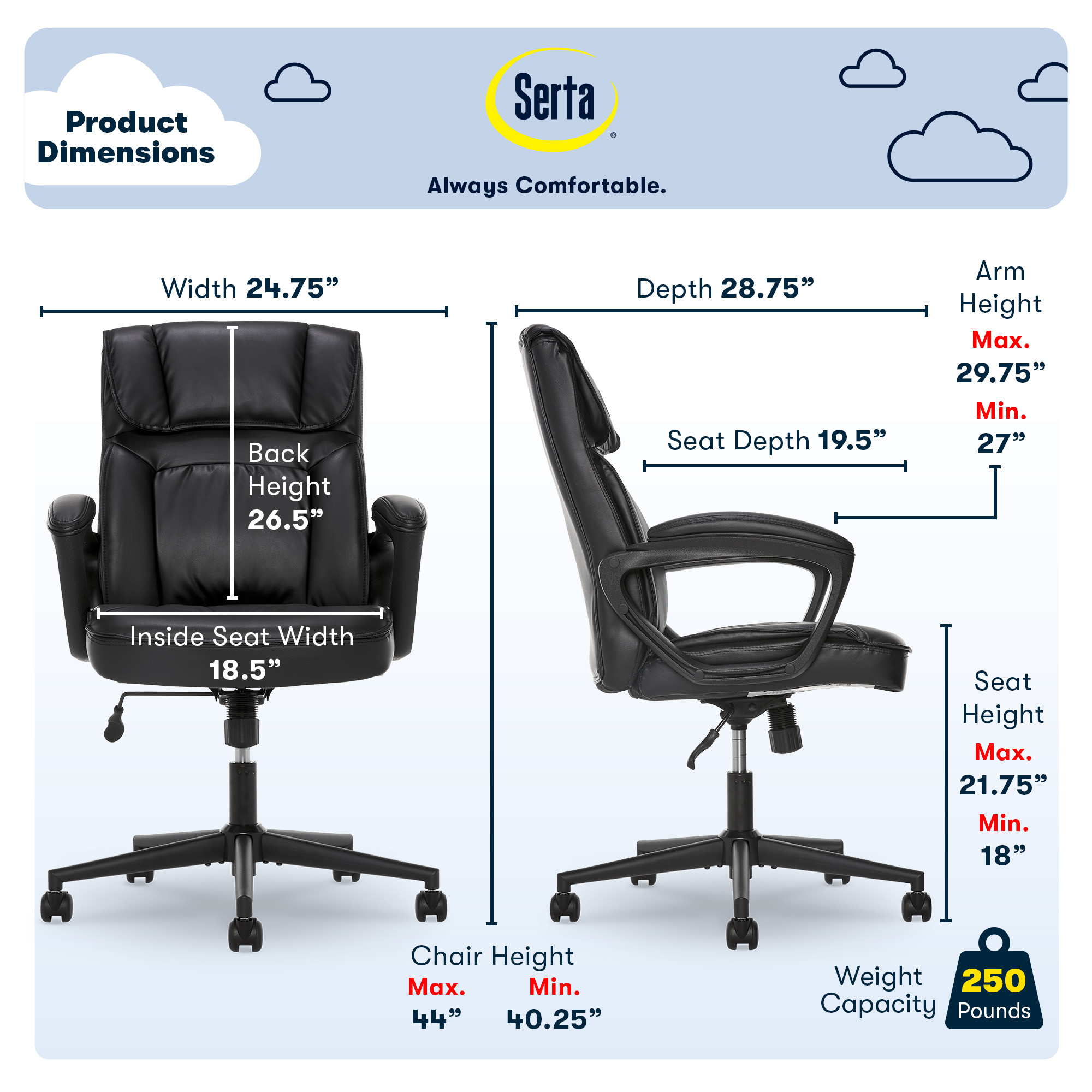 Left View: Serta - Hannah Upholstered Executive Office Chair - Smooth Bonded Leather - Black