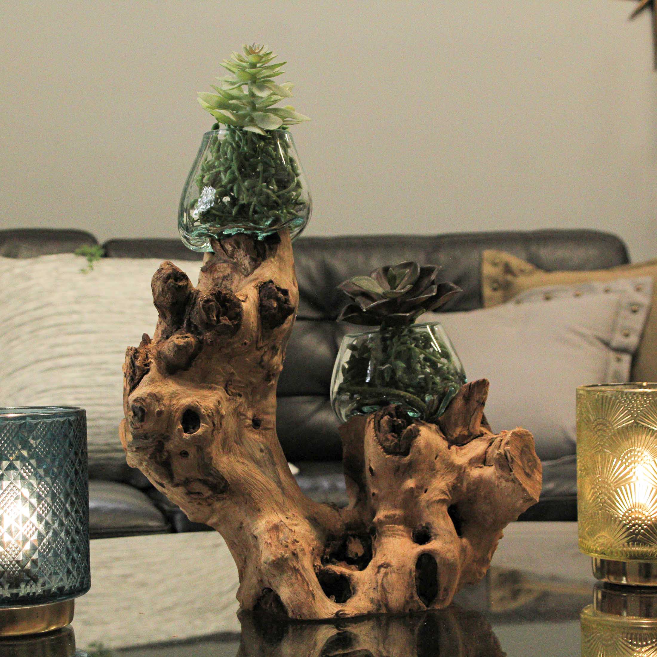 Alt View 3. Chesapeake Bay - Molten Glass On Root Wood Double Decorative Bowl Vase Plant Terrarium - Boho Style For Tabletops - Brown.