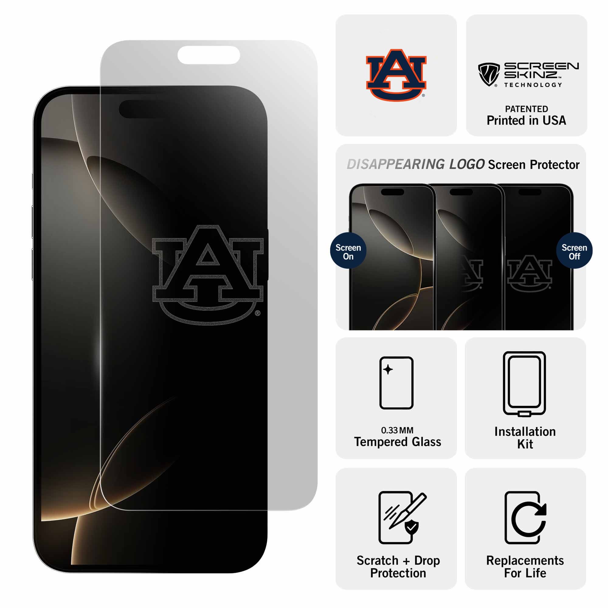 A SCREEN SKINZ TECHNOLOGY PATENTED  
Printed in USA  

DISAPPEARING LOGO Screen Protector  

Screen On  
Screen Off  

0.33MM Tempered Glass  
Installation Kit  
Scratch + Drop Protection  
Replacements For Life