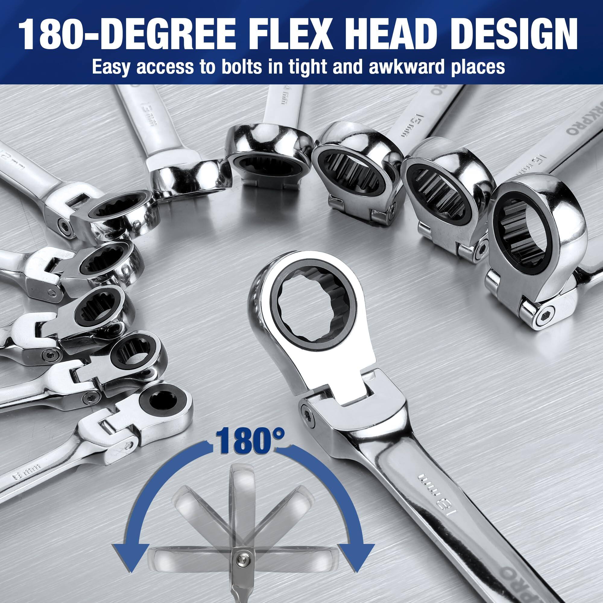 180-DEGREE FLEX HEAD DESIGN  
Easy access to bolts in tight and awkward places