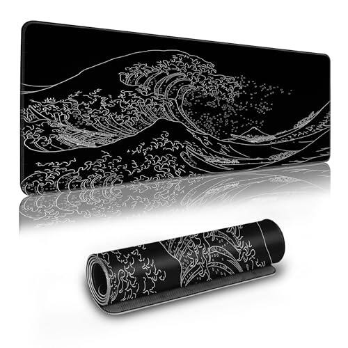 Front. Comfort Essence - Long Gaming Mouse Pad Extended Anime Large Desk With Non-slip Base Full Mat Stitched Edges For And Office - Black Wave.