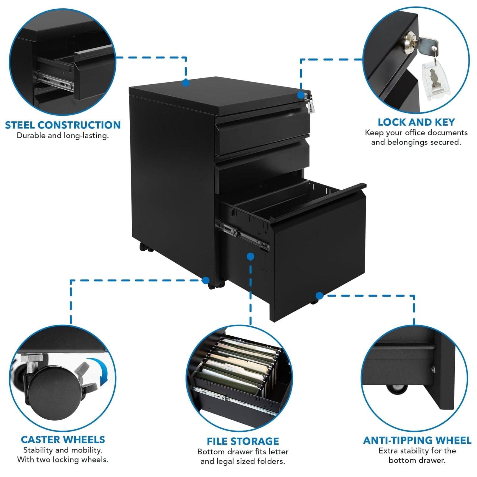 - STEEL CONSTRUCTION: Durable and long-lasting.
- LOCK AND KEY: Keep your office documents and belongings secured.
- CASTER WHEELS: Stability and mobility. With two locking wheels.
- FILE STORAGE: Bottom drawer fits letter and legal sized folders.
- ANTI-TIPPING WHEEL: Extra stability for the bottom drawer.