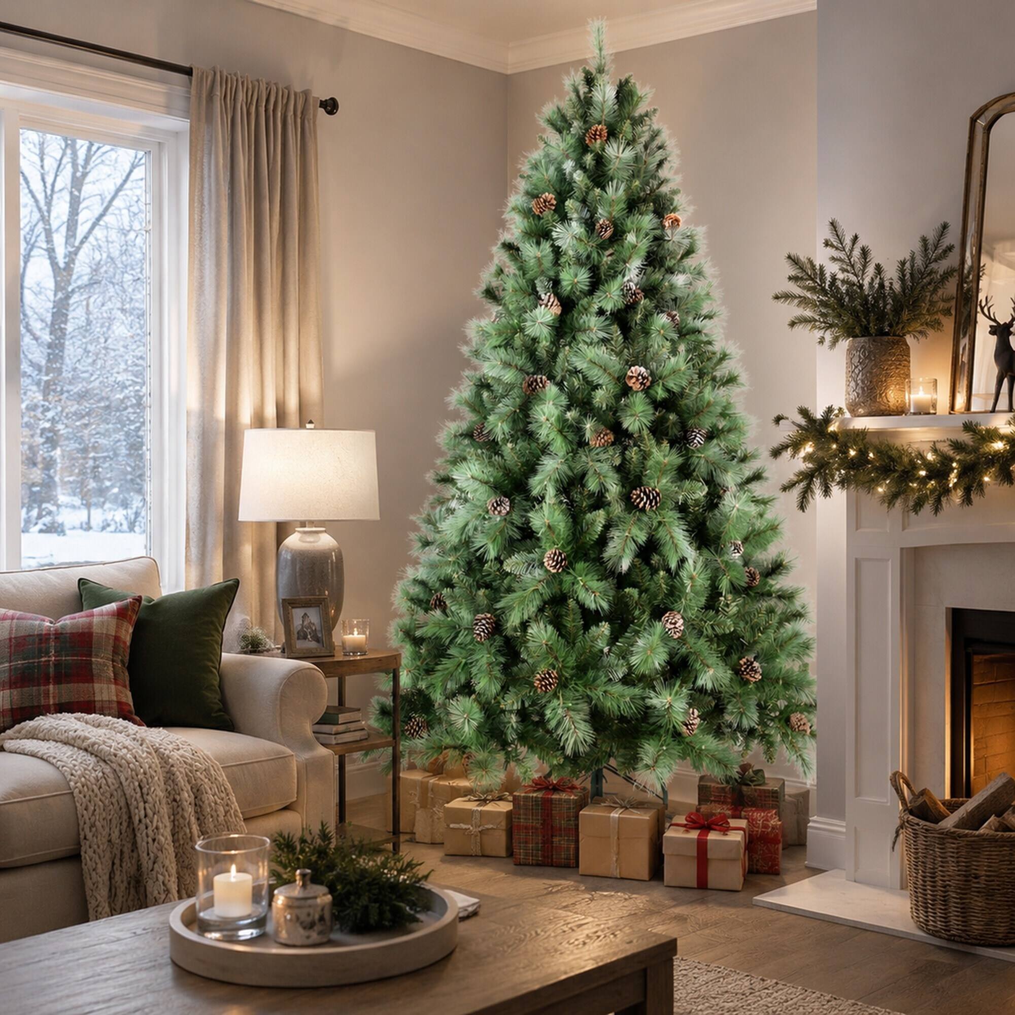 Left. RYHNUYNE - 7.5FT Christmas Tree With 92 Pine Cones, 1588 Mixed PVC Hard Needle Branches Hinged Structure Sturdy Metal Stand - Green.
