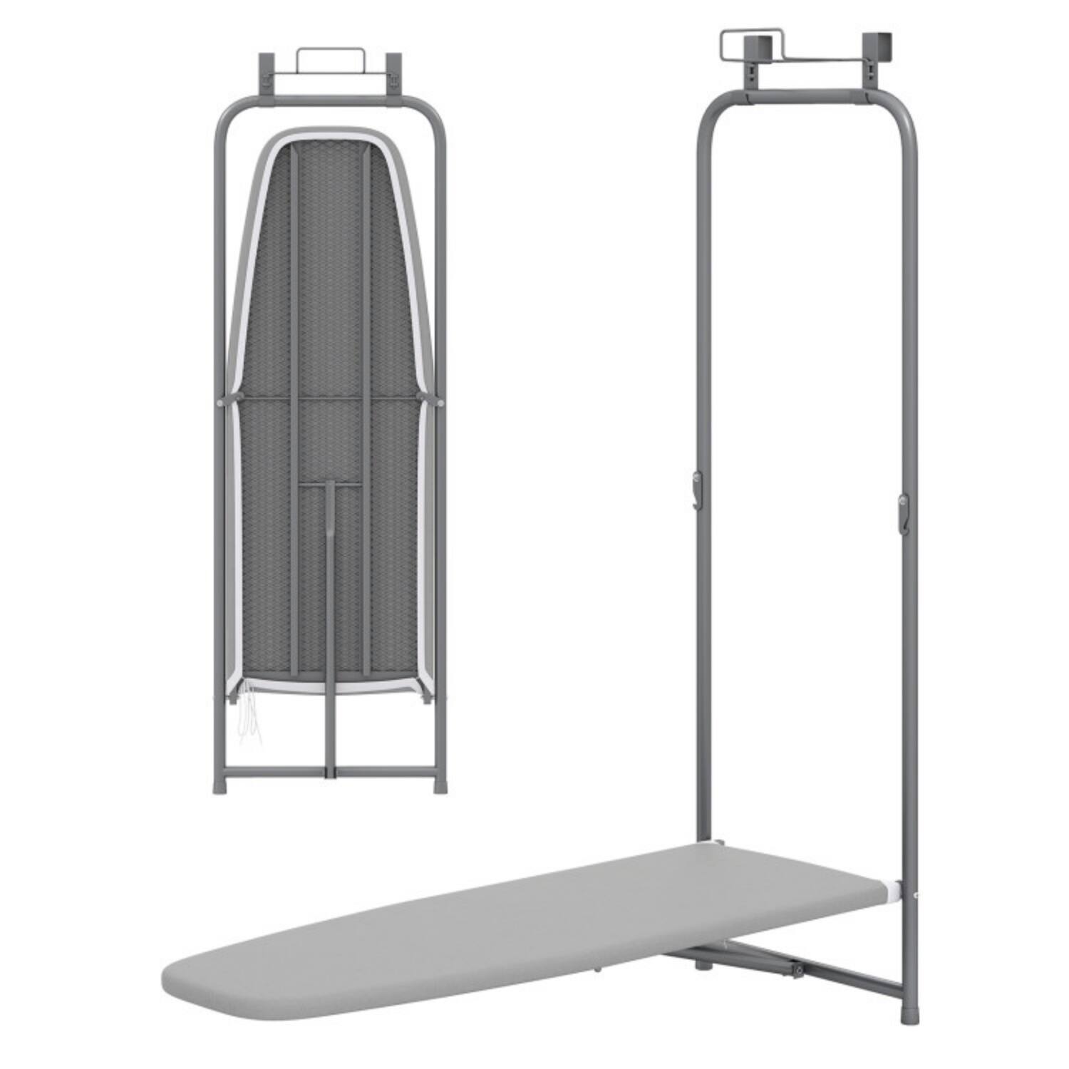 Angle. LUCKY ONE - Over the Door Ironing Board with Iron Holder - Space Saving Hanging Design for 2" Door - Gray.