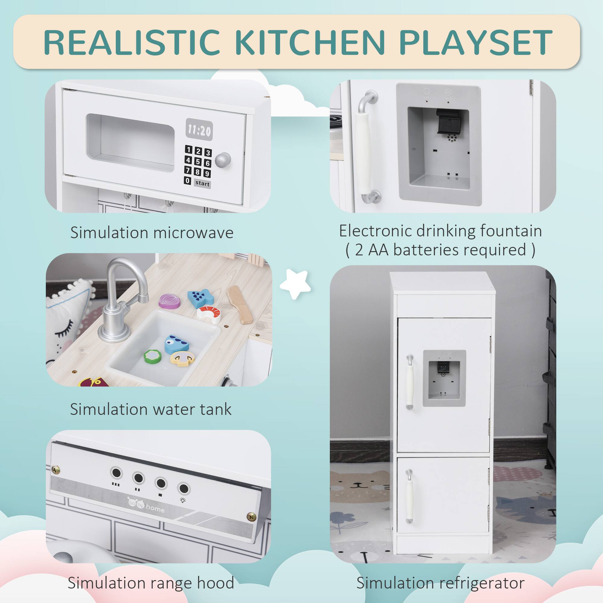REALISTIC KITCHEN PLAYSET

- Simulation microwave
- Electronic drinking fountain (2 AA batteries required)
- Simulation water tank
- Simulation range hood
- Simulation refrigerator