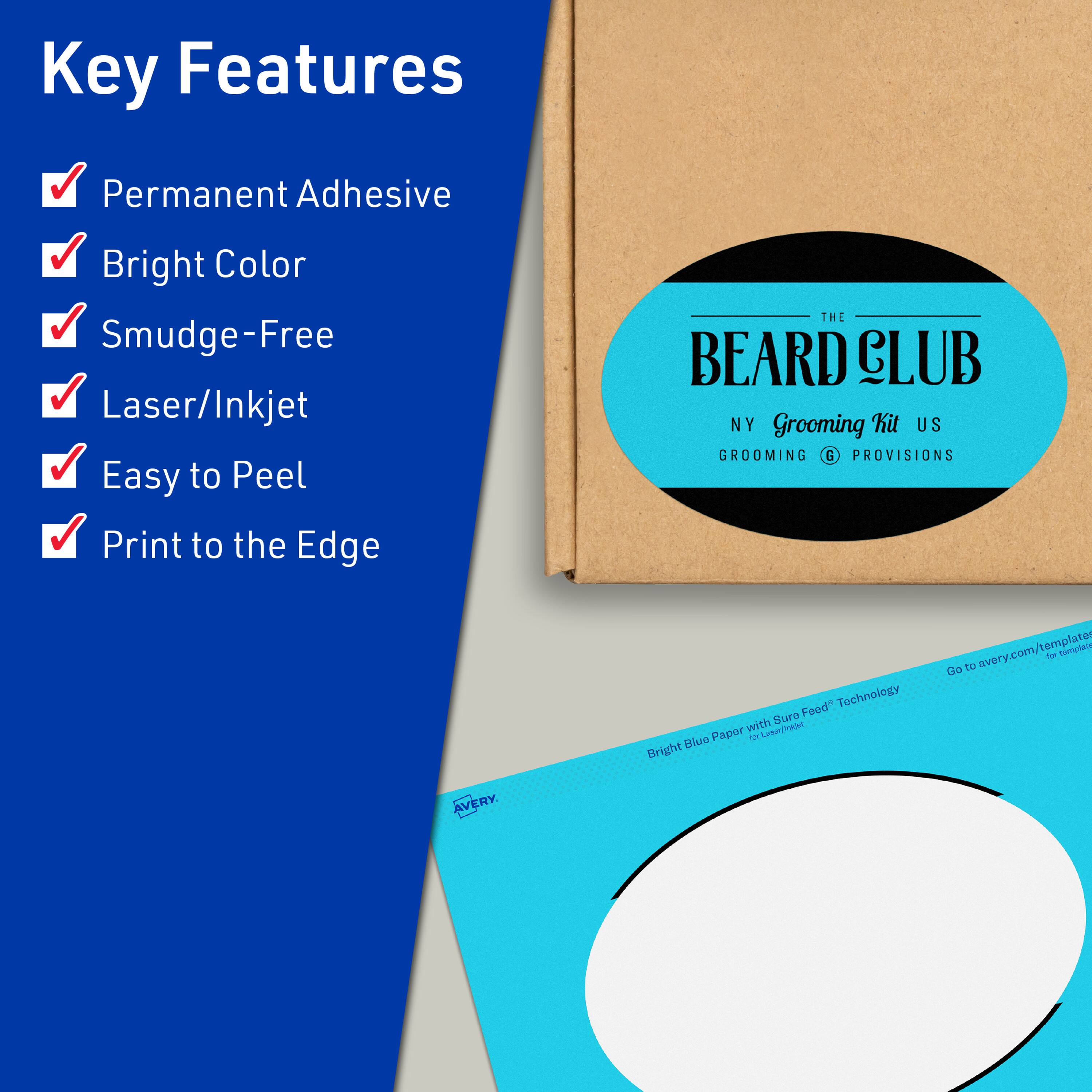 Key Features  
- Permanent Adhesive  
- Bright Color  
- Smudge-Free  
- Laser/Inkjet  
- Easy to Peel  
- Print to the Edge  

THE BEARD CLUB  
NY Grooming Kit US  
GROOMING & PROVISIONS  

Bright Blue Paper with Sure Feed™ Technology  
Go to avery.com/templates for templates  

AVERY