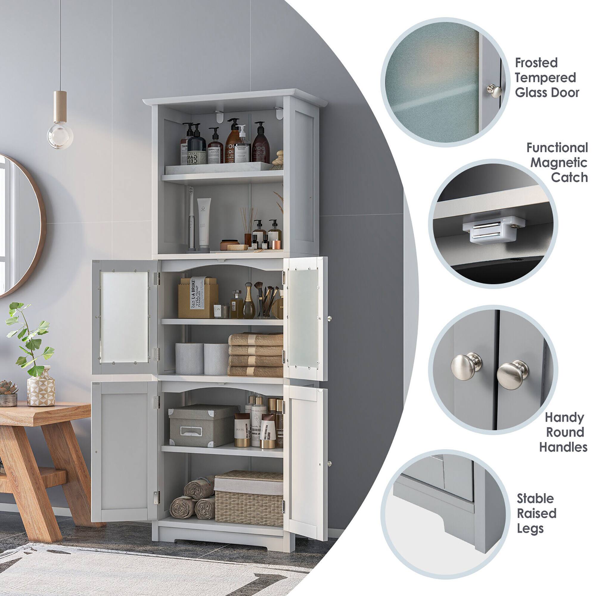 - Frosted Tempered Glass Door
- Functional Magnetic Catch
- Handy Round Handles
- Stable Raised Legs