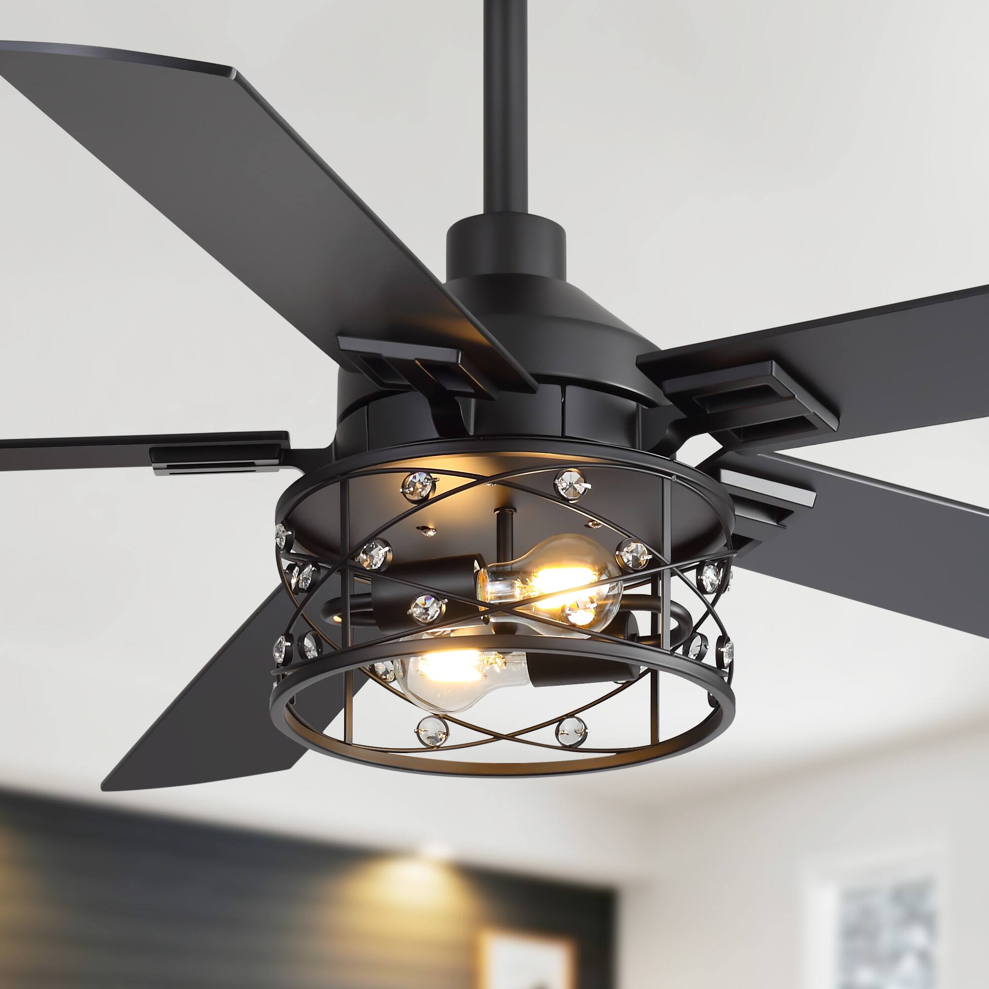 Left. Breezary - 52-In Ceiling Fan with Crystal Light Fixture, 5 Reversible Plywood Blades, DC Motor, Remote Control, Includes 2 Downrods - matte black and walnut.
