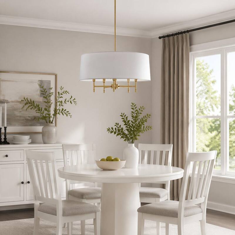 Angle. RYHNUYNE - 5-Light Modern Drum Pendant Light,Gold Chandelier with White Linen Shade for Dining Room Kitchen Island - Gold.