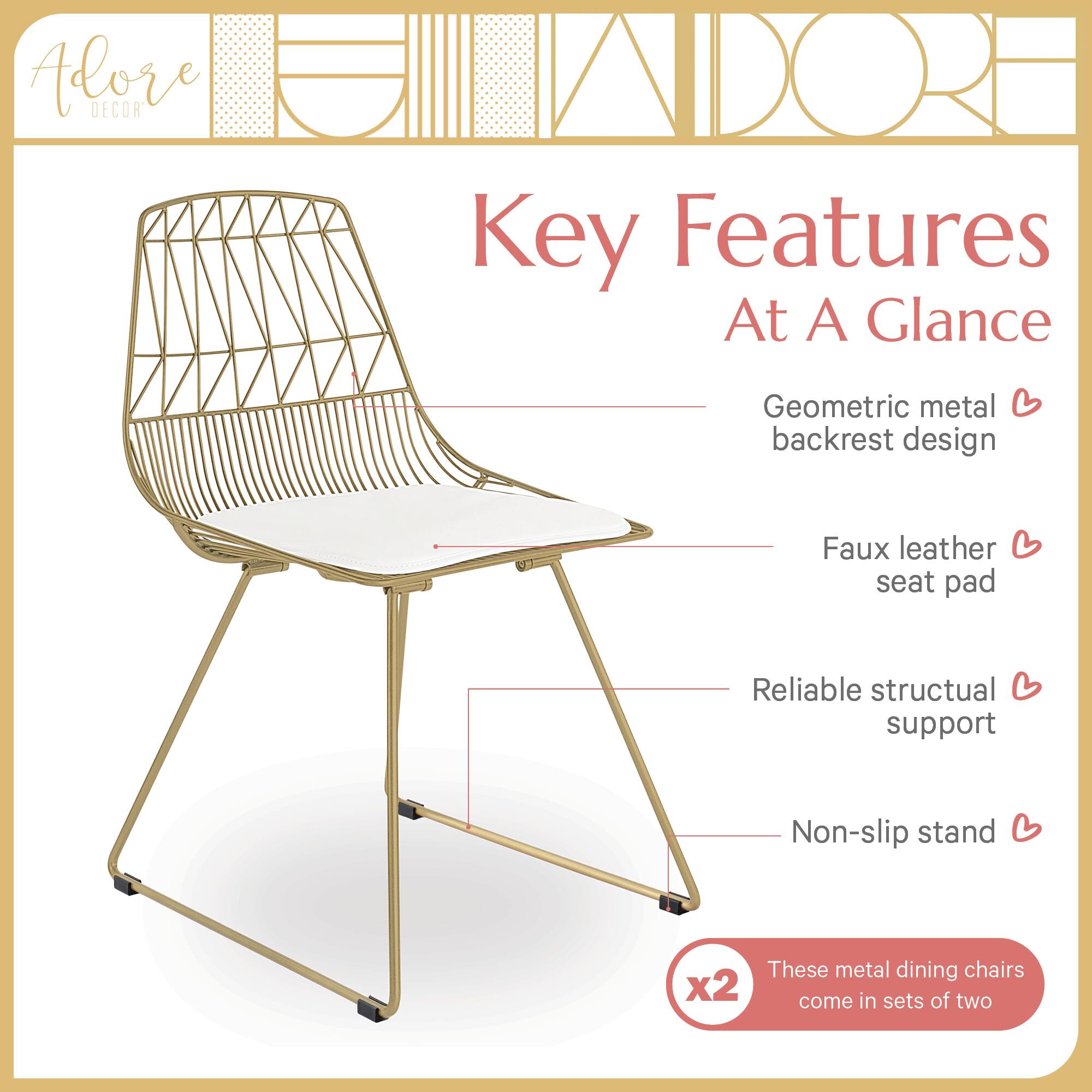 Adore DECOR Key Features At A Glance

- Geometric metal backrest design
- Faux leather seat pad
- Reliable structural support
- Non-slip stand

These metal dining chairs x2 come in sets of two