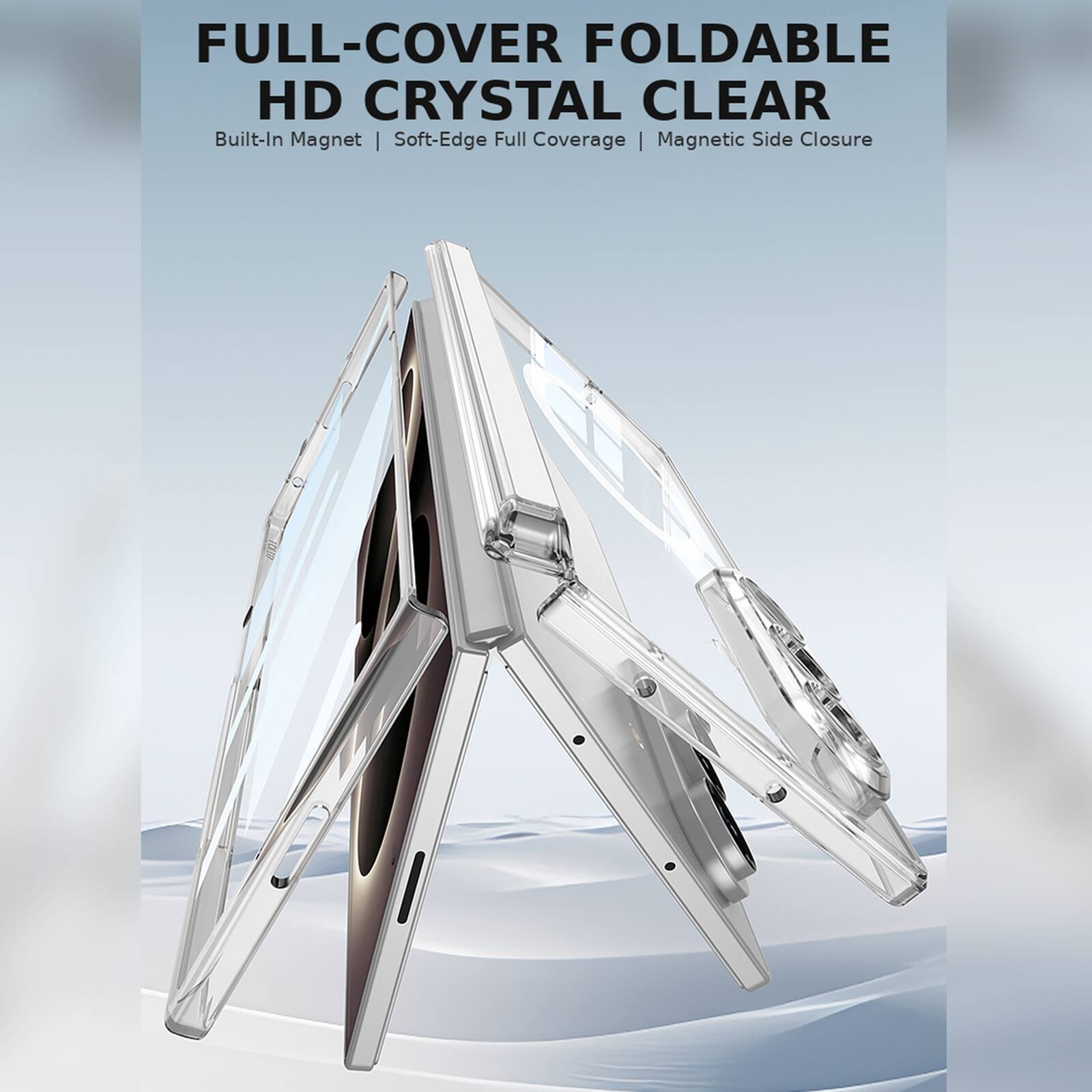 FULL-COVER FOLDABLE HD CRYSTAL CLEAR  
Built-In Magnet | Soft-Edge Full Coverage | Magnetic Side Closure