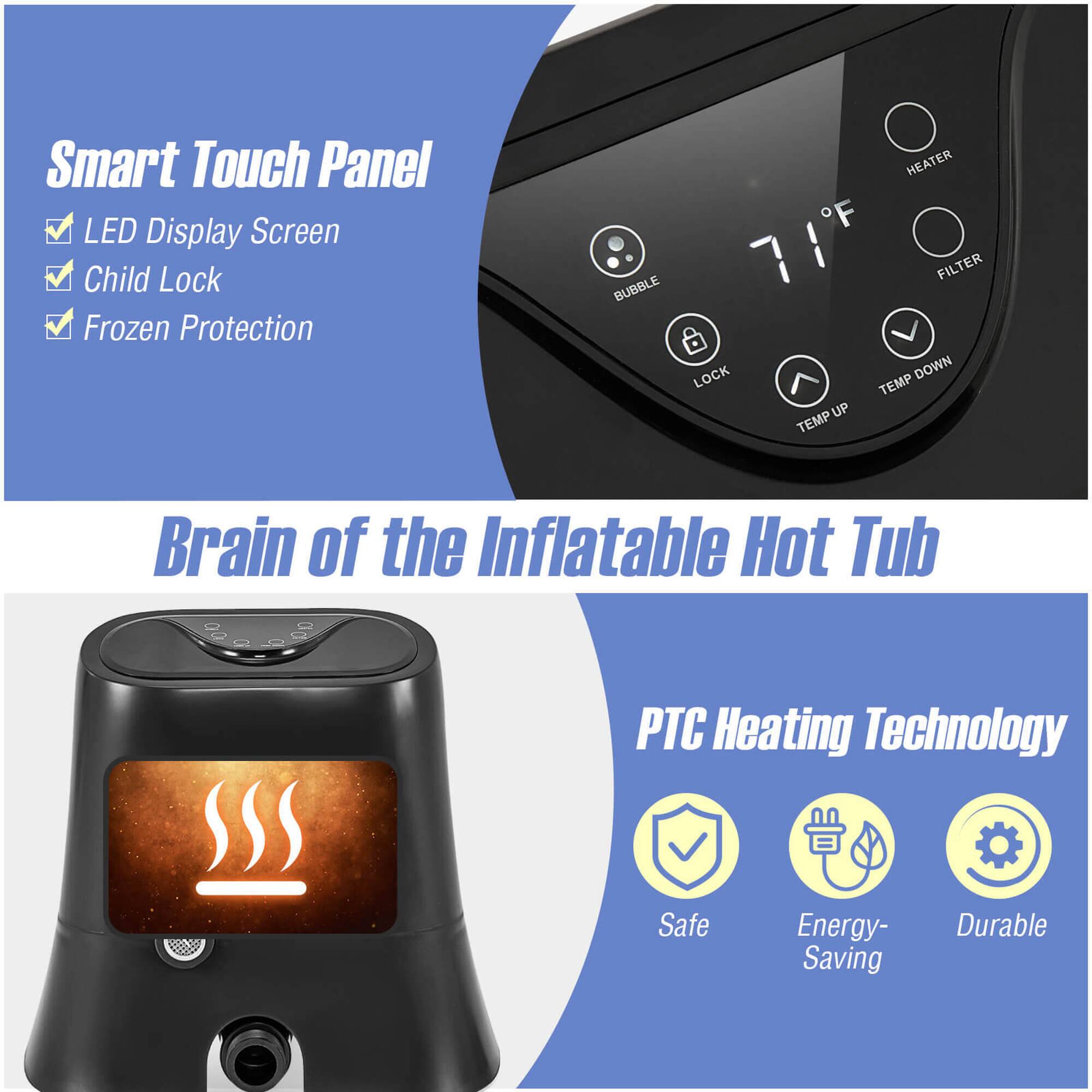 The text on the image is grouped and corrected as follows:
1. Smart Touch Panel: LED Display Screen Child Lock Frozen Protection Bubble Lock Heater F Filter Down Temp Up Temp Brain of the Inflatable Hot Tub PTC Heating Technology Safe Energy- Saving Durable
2. Smart Touch Panel: LED Display Screen Child Lock Frozen Protection Bubble Lock Heater F Filter Down Temp Up Temp Brain of the Inflatable Hot Tub PTC Heating Technology Safe Energy- Saving Durable