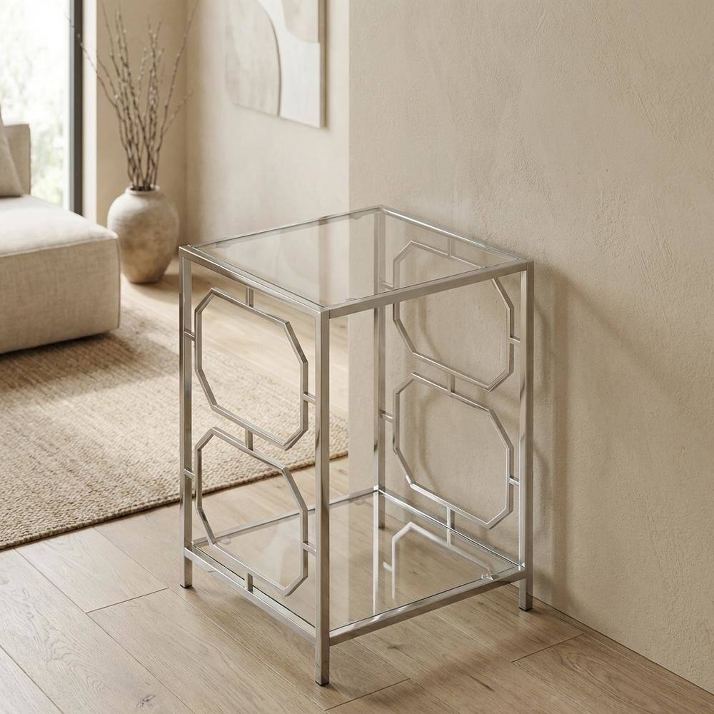 Back. FurniFact - Modern Chrome End Table with Sleek Metal Frame and Minimalist Design - Clear.