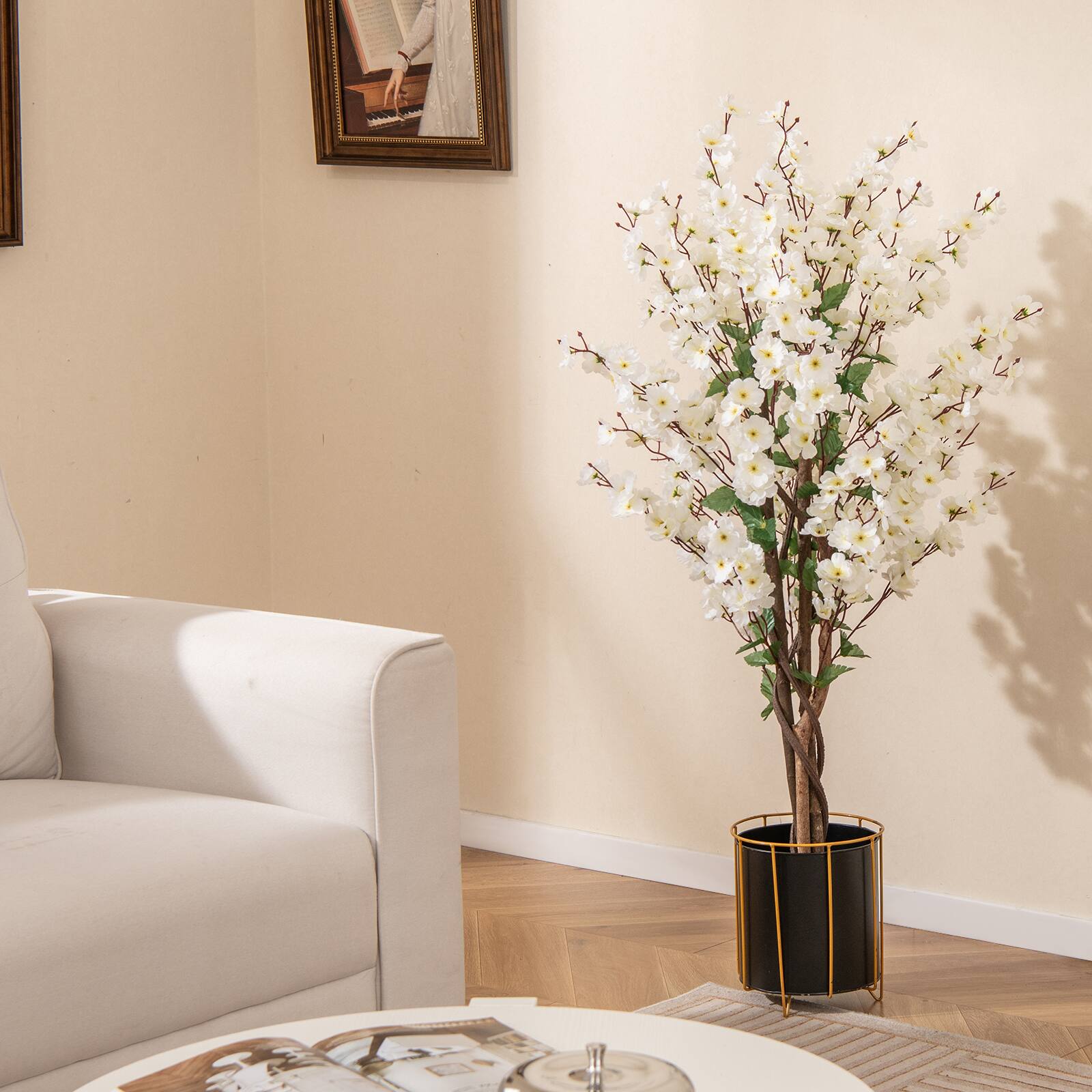 Alt View 3. Gymax - Gymax 47'' Artificial Winter Sweet Tree Faux Plum Blossom Plant w/ White Fabric Flower - White, Brown.