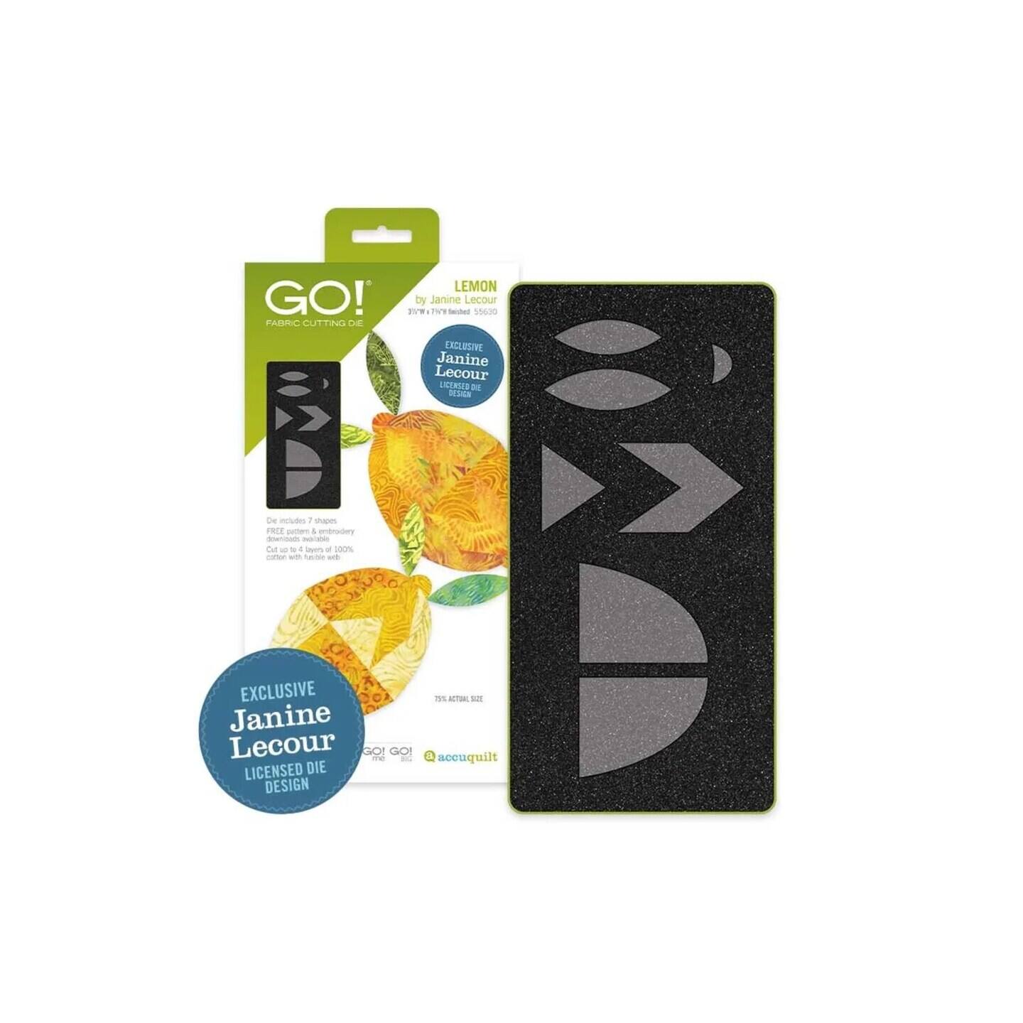 LEMON GO! by Janine Lecour 55605 FABRIC CUTTING DIE EXCLUSIVE Janine Lecour LICENSED DESIGN - FREE pattern & embroidery - Cut out 4 layers of 100% cotton with ease - 75% actual size - 100% GO! - 75% actual size - EXCLUSIVE Janine Lecour LICENSED DIE - accuquilt