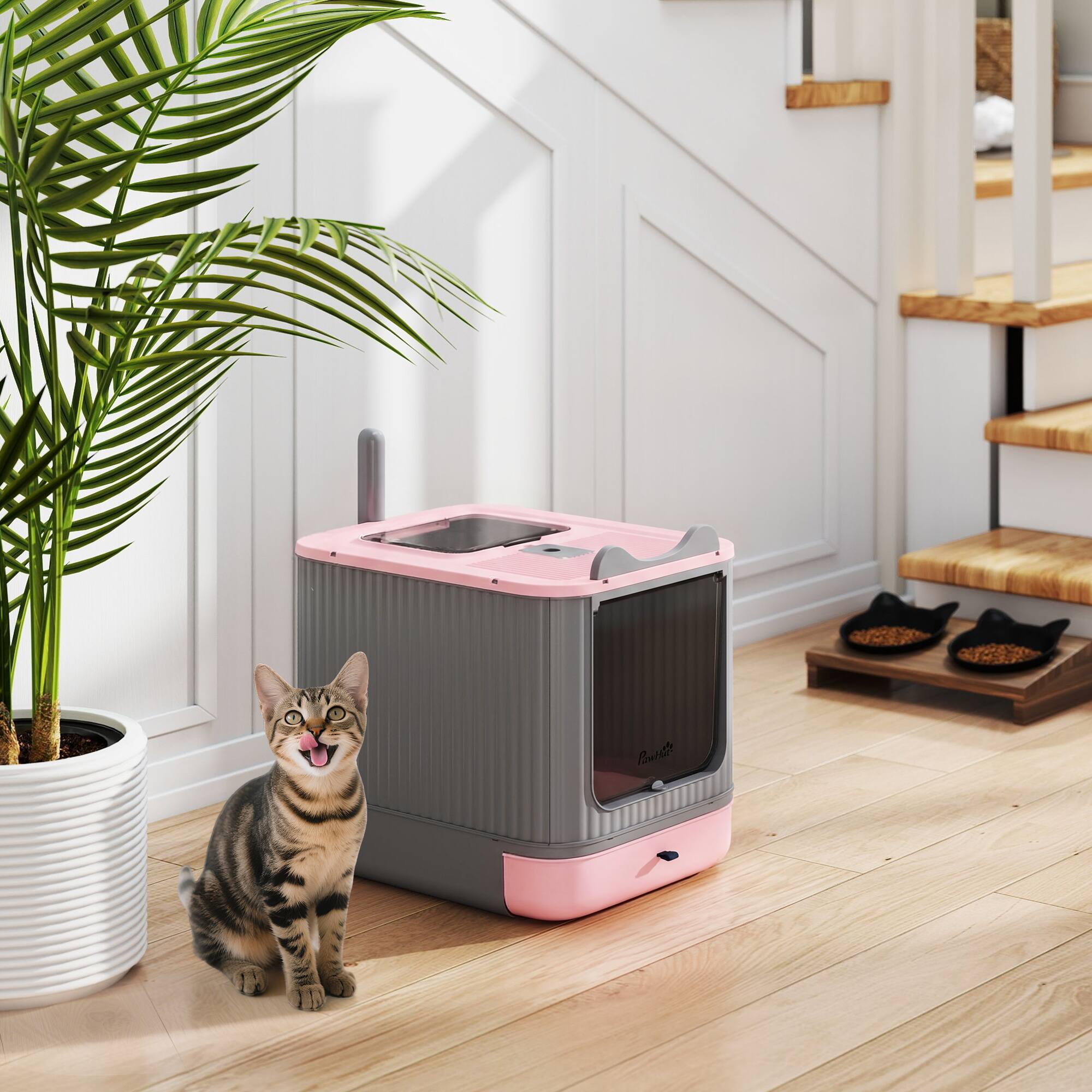 Alt View 1. Pawhut - Litter Box with Lid, Enclosed Litter Box for Medium Cats, Front-Entry and Top-Exit, Scoop - Pink.