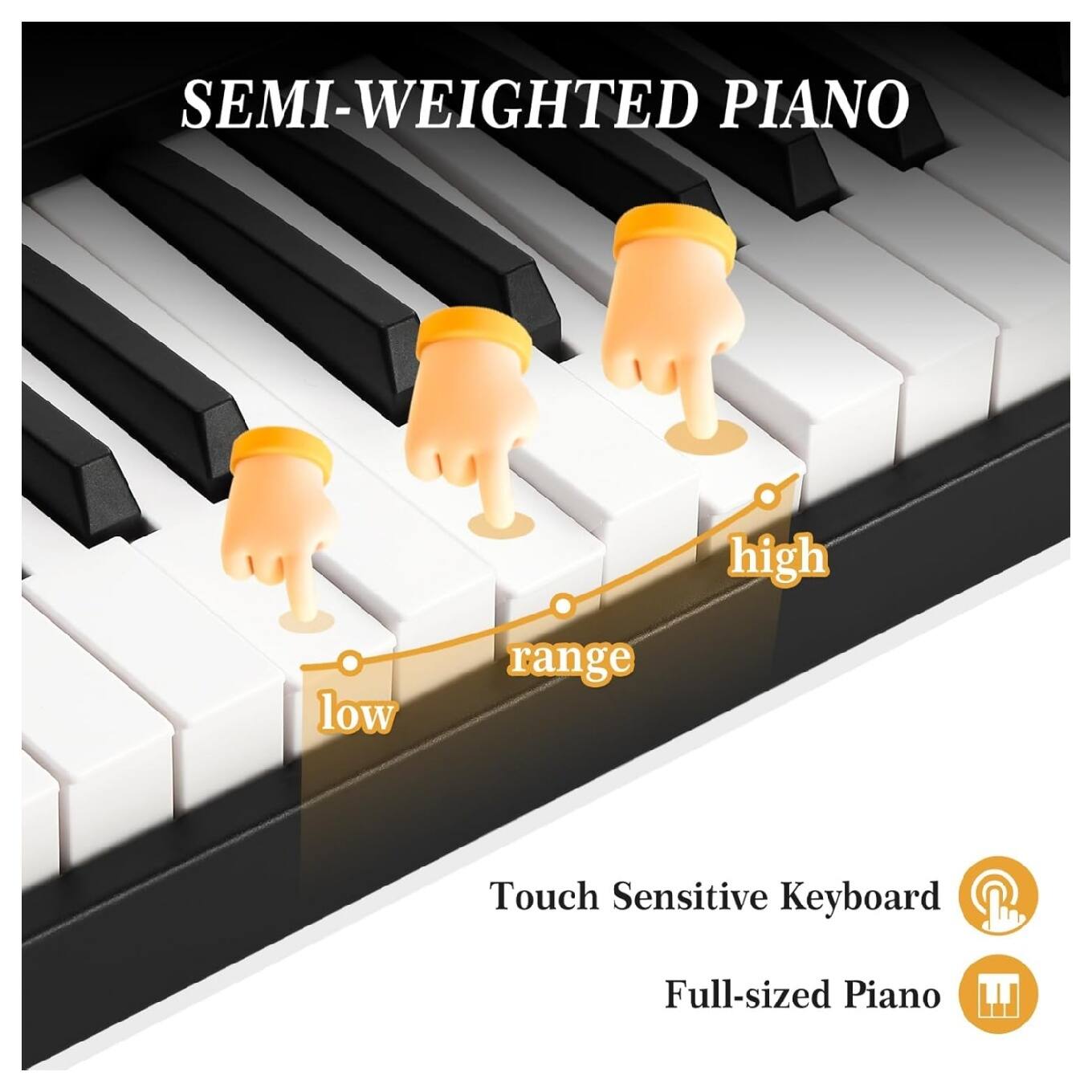SEMI-WEIGHTED PIANO

Touch Sensitive Keyboard  
Full-sized Piano

low range  
high