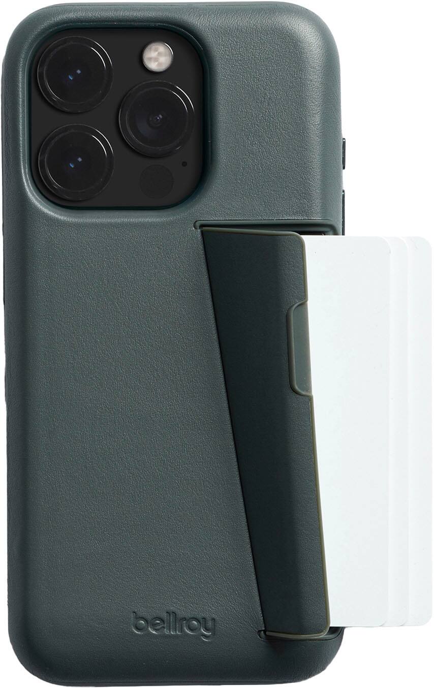 Front. Bellroy - iPhone 15 Pro Max Leather Phone Case - 3 Card - Everglade.