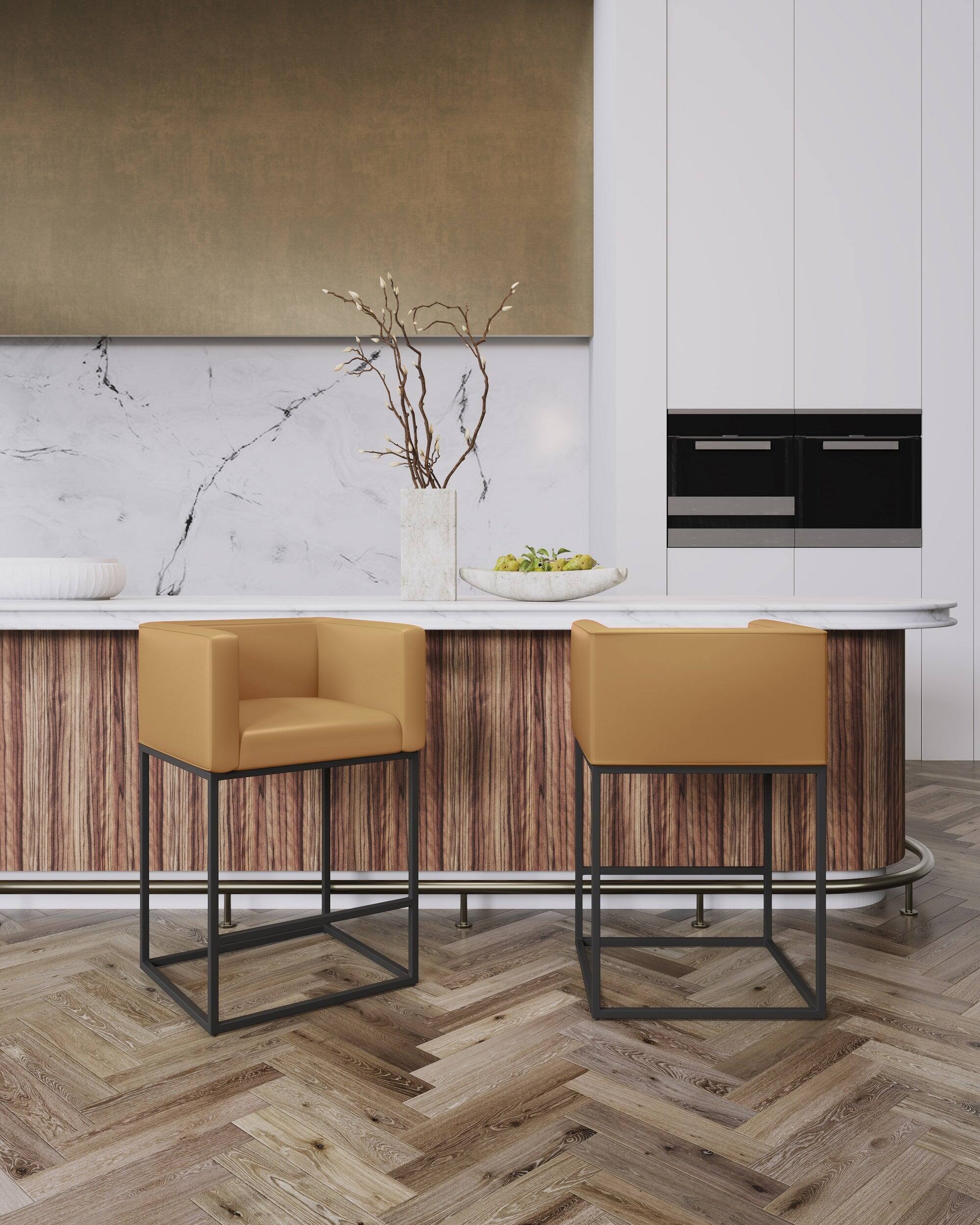 Angle. Manhattan Comfort - Embassy Mid-Century Modern Metal Upholstered Counter Stool - Camel.