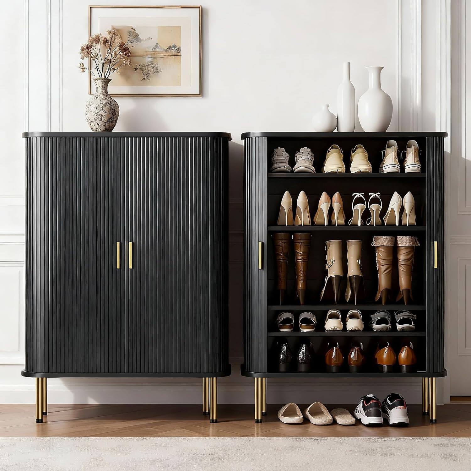 Alt View 3. Tiramisubest - 31.5" 6-Tier Shoe Storage Cabinet with Sliding Door & Adjustable Shelves,Mid-Century Freestanding Shoe Storage Organizer - Black.