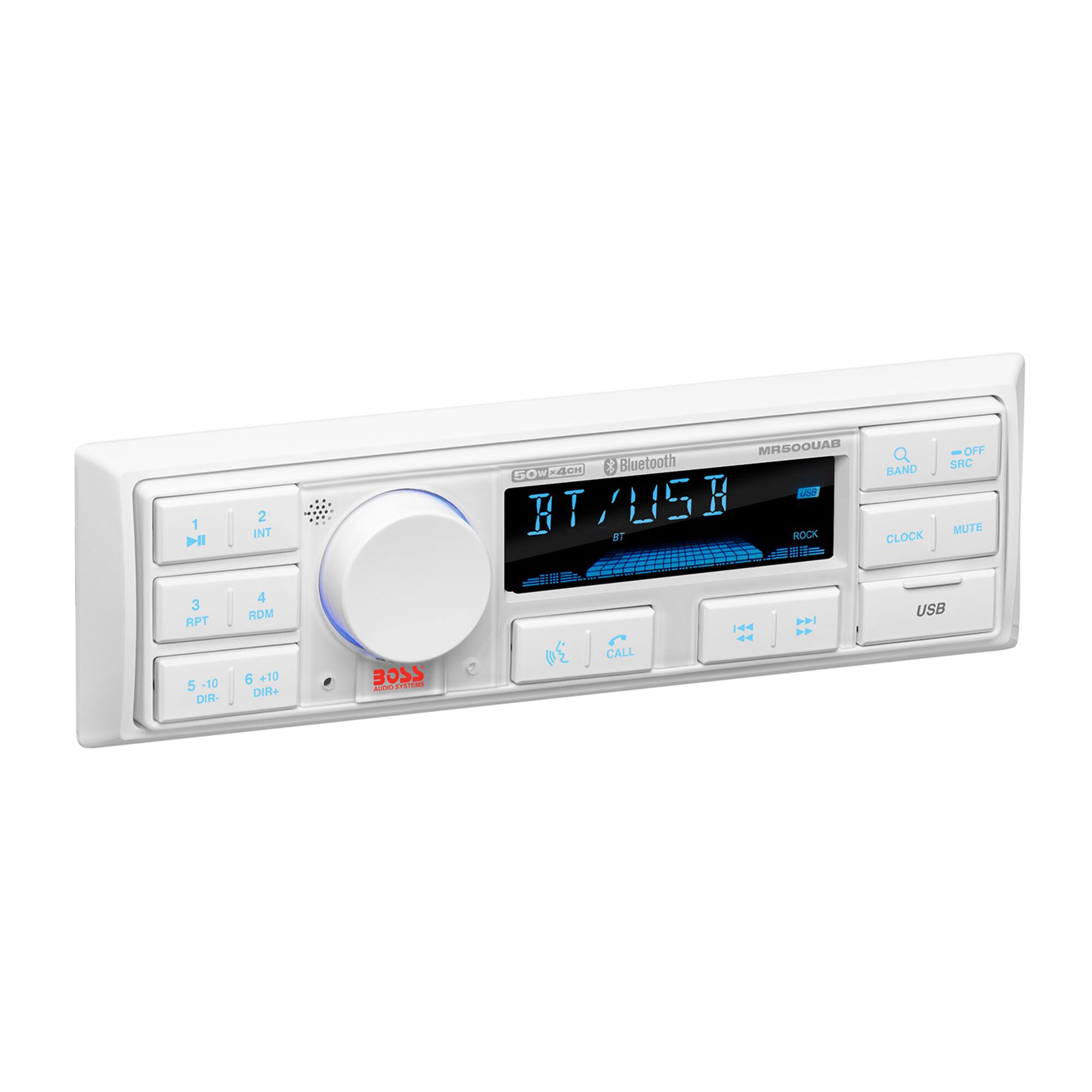 1 1 2 INT MASOOUAB A4CH Bluetooth 5OW BT/USB ROCK BT BAND CLOCK OFF SAC MUTE - 3 RPT 5 -10 DIR- 4 RDM 6 +10 DIP+ BOSS d ednel addidan CALL 44 144 USB

MR500UAB  
Bluetooth  
50W  
BT/USB  
ROCK  
CLOCK  
MUTE  
CALL  
USB