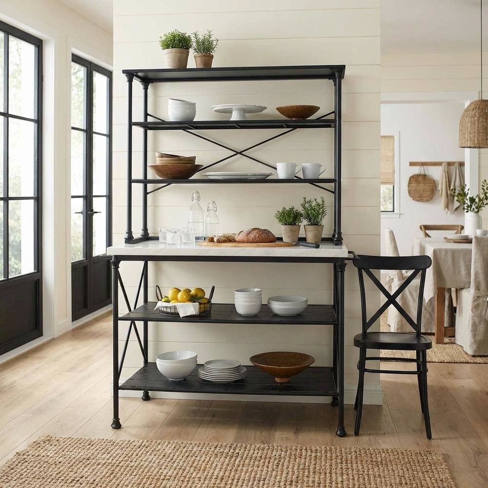 Alt View 3. FurniFact - Matte Black Kitchen Island and Hutch Set with Anti-Tip Safety Features - White Marble.