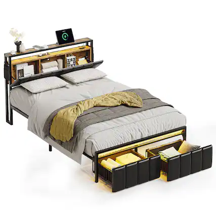 Front. Bestier - Gaming Bed Frame Storage Platform Bed with Charging Station Headboard and LED Lights Full - Black.