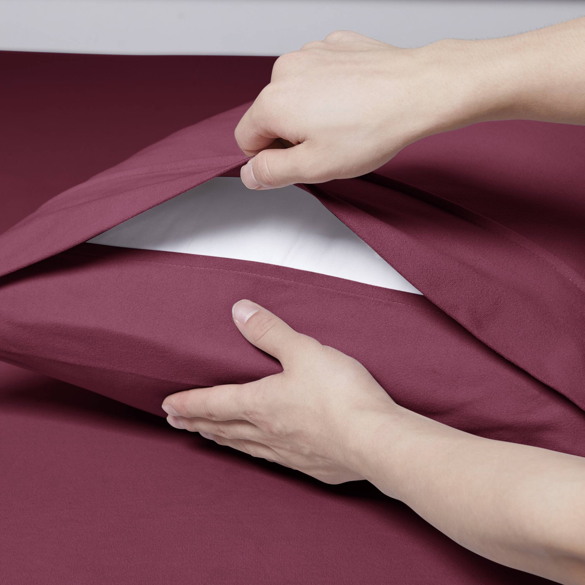 Angle. Sweet Home Collection - Solid Flannel Pillowcases (Set of 4), Ultra Soft, Standard - Burgundy.