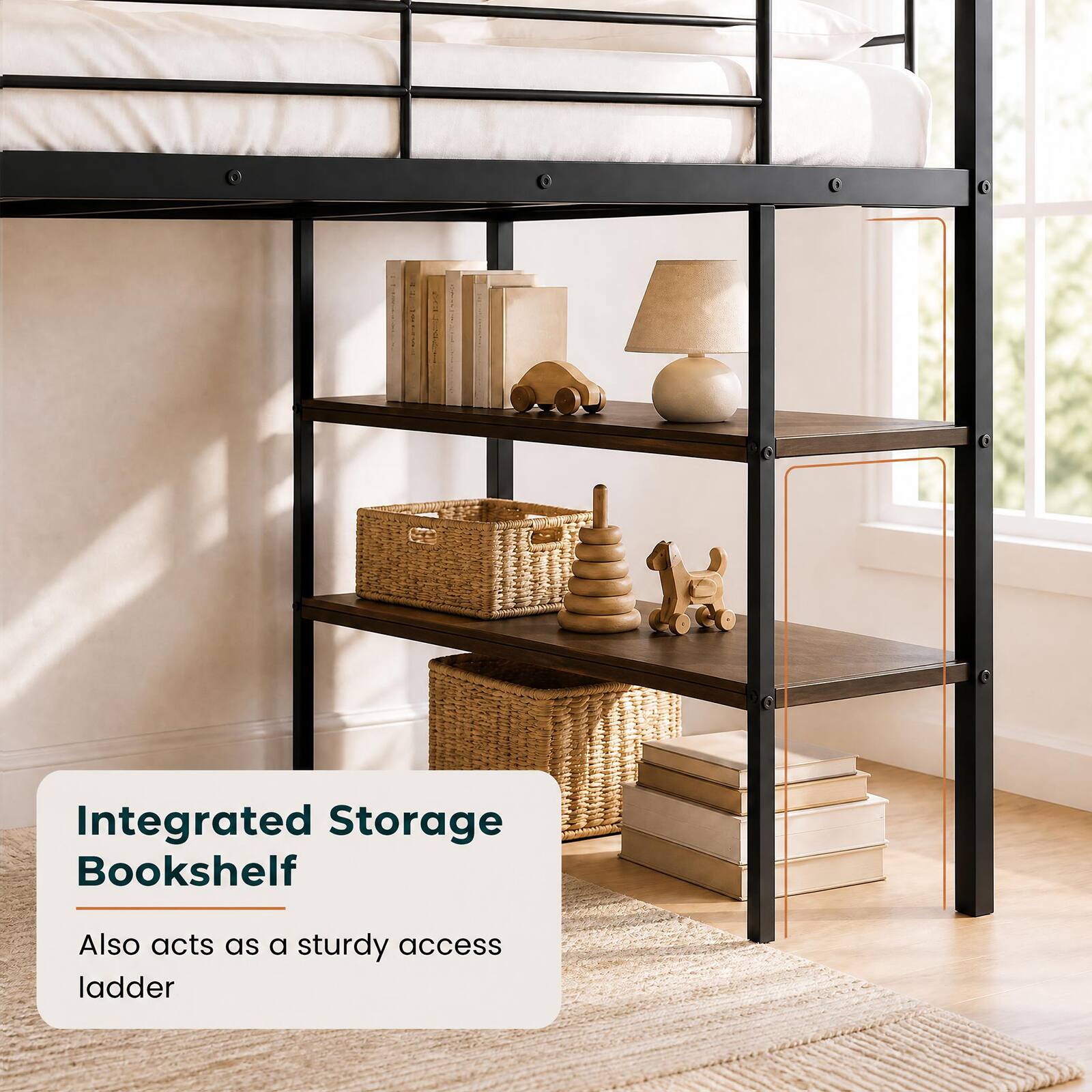 Integrated Storage Bookshelf  
Also acts as a sturdy access ladder