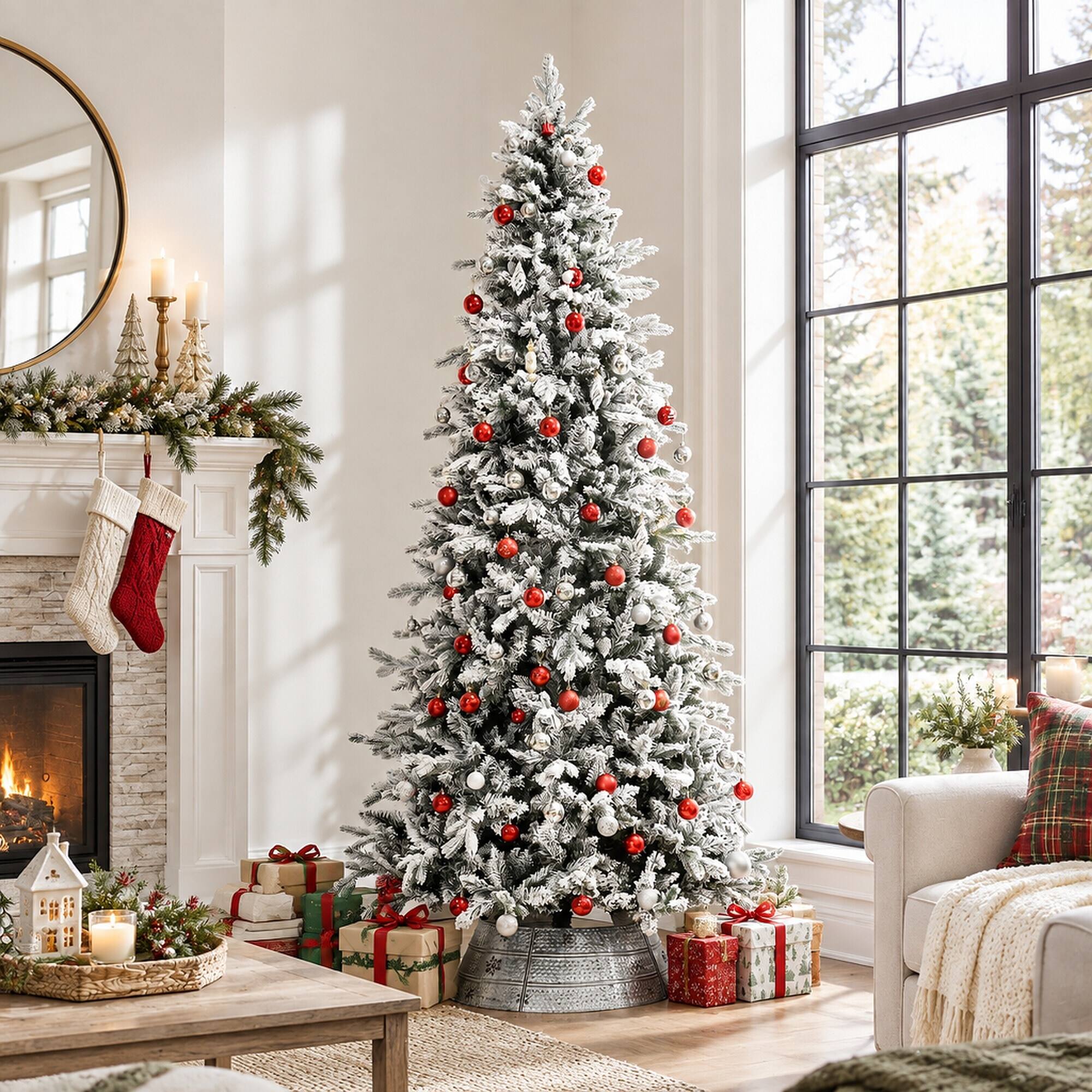 Back. RYHNUYNE - 9 Ft Snow Flocked Pine Green Artificial Christmas Tree With 616 Cedar Branches, Auto Open Hinged Holiday Home Decor - Green.
