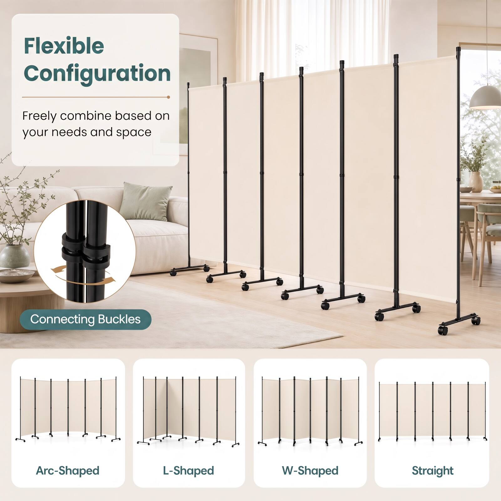 Flexible Configuration  
Freely combine based on your needs and space  

Connecting Buckles  
Arc-Shaped  
L-Shaped  
W-Shaped  
Straight