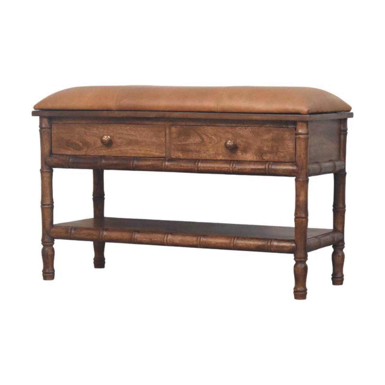 Left. Artisan Furniture - Artisan Furniture Solid Wood Bamboo Carved Storage Bench, 2 Drawers - Brown.