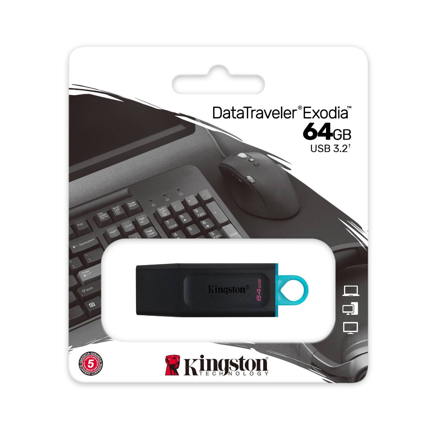 DataTraveler Exodia  
64GB  
USB 3.2  

Kingston  
TECHNOLOGY  

5 Year Warranty