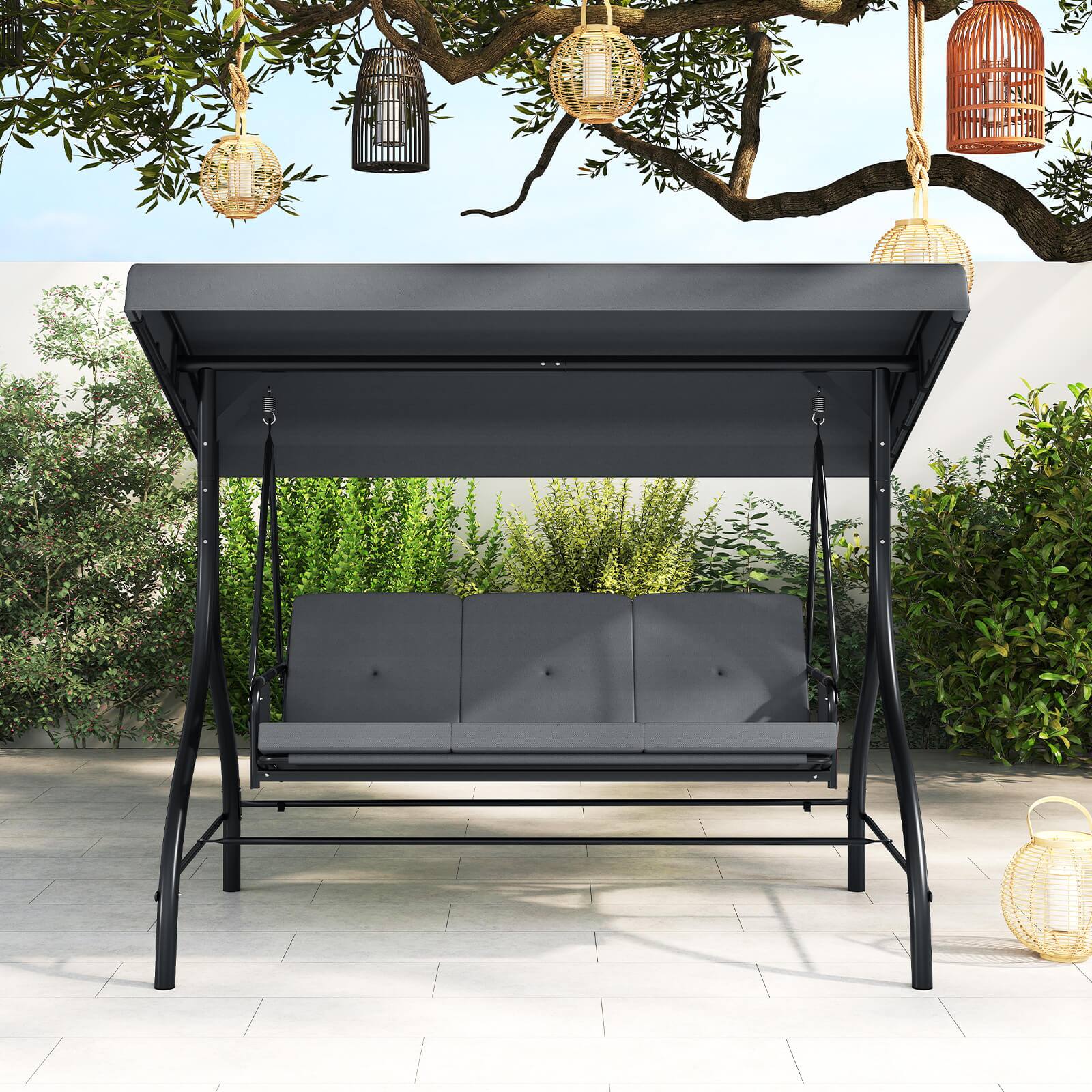 Alt View 3. Costway - Costway 3-Seat Patio Swing with Canopy with Removable Cushions & Side Pockets Stand - Gray.